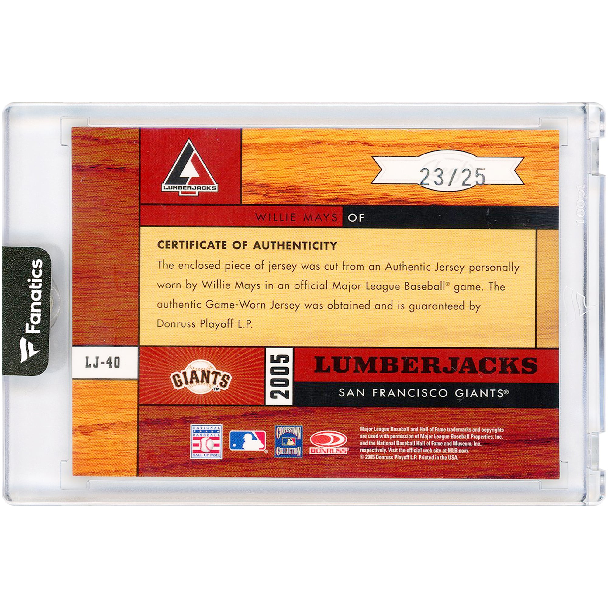 Carte Willie Mays San Francisco Giants 2005 Donruss Leaf Limited Lumberjacks Match Used Jersey Relic #LJ-40 #23/25
