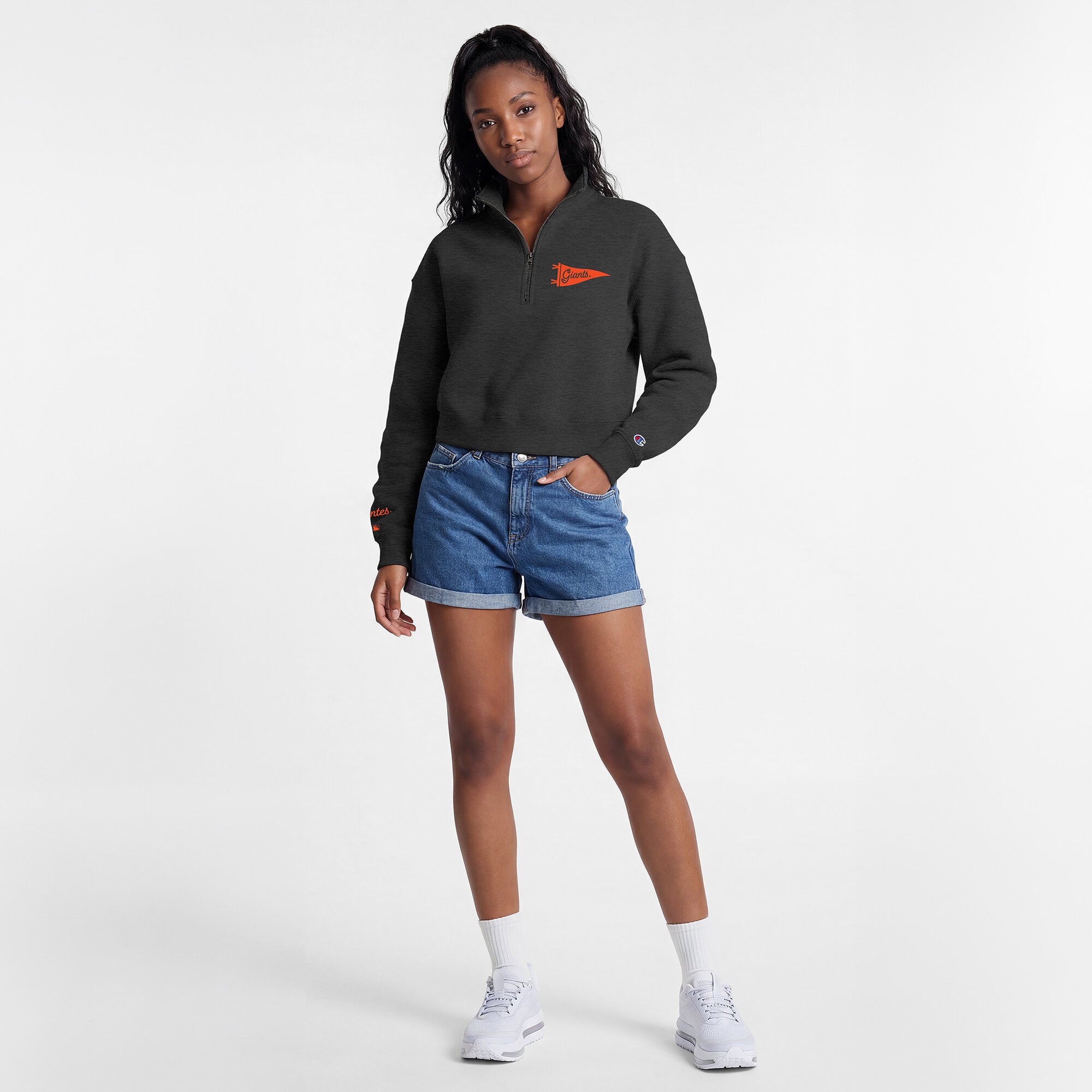 Pull court à col zippé Champion Triumph Tri-Blend en polaire noire pour femme, modèle des Giants de San Francisco