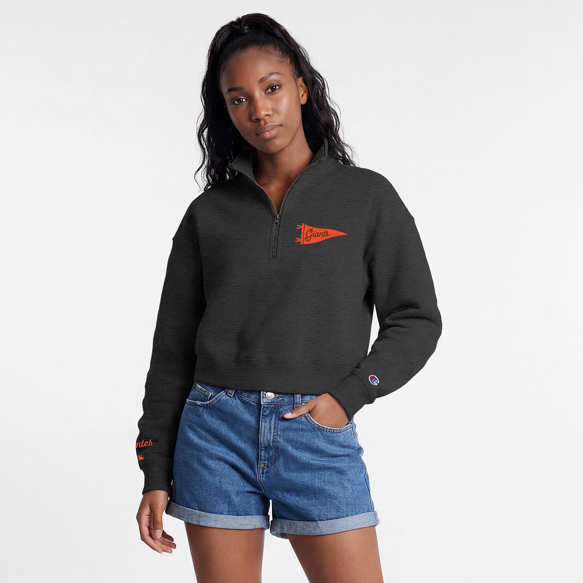 Pull court à col zippé Champion Triumph Tri-Blend en polaire noire pour femme, modèle des Giants de San Francisco
