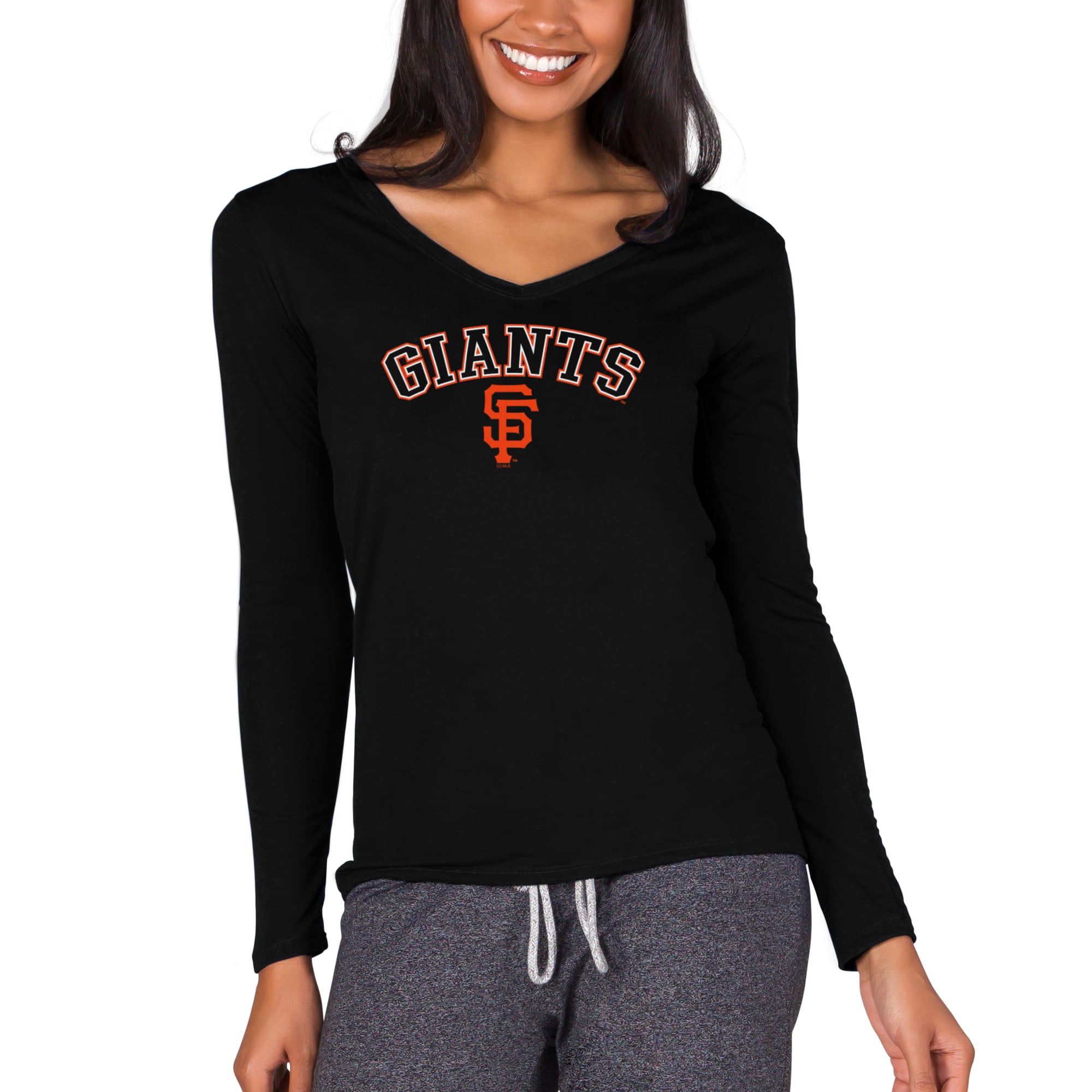 T-shirt à manches longues et col en V maille noire Concepts Sport San Francisco Giants Marathon pour femme