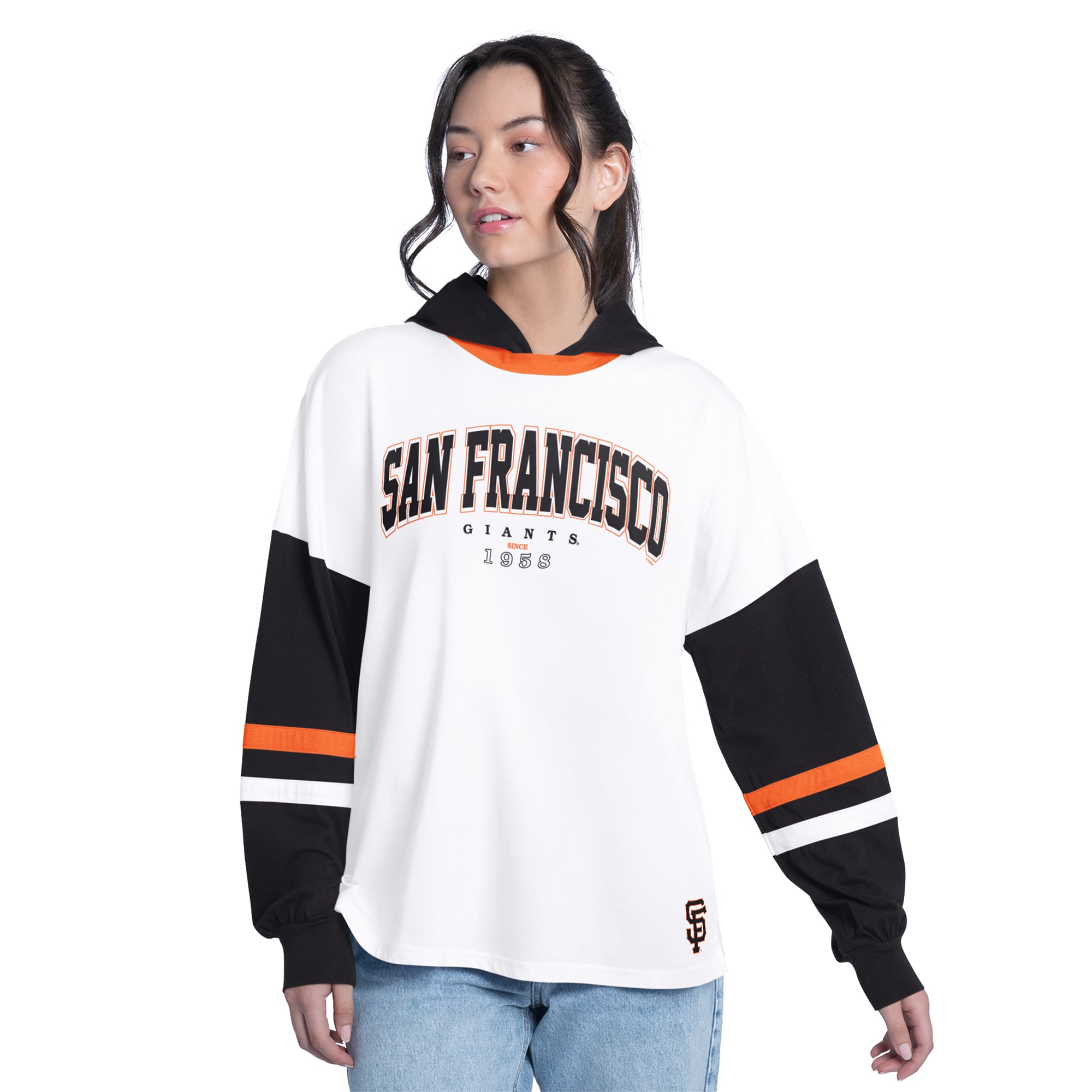 Women's G-III 4Her by Carl Banks  White/Black San Francisco Giants Key Player Oversized Hooded Long Sleeve T-Shirt