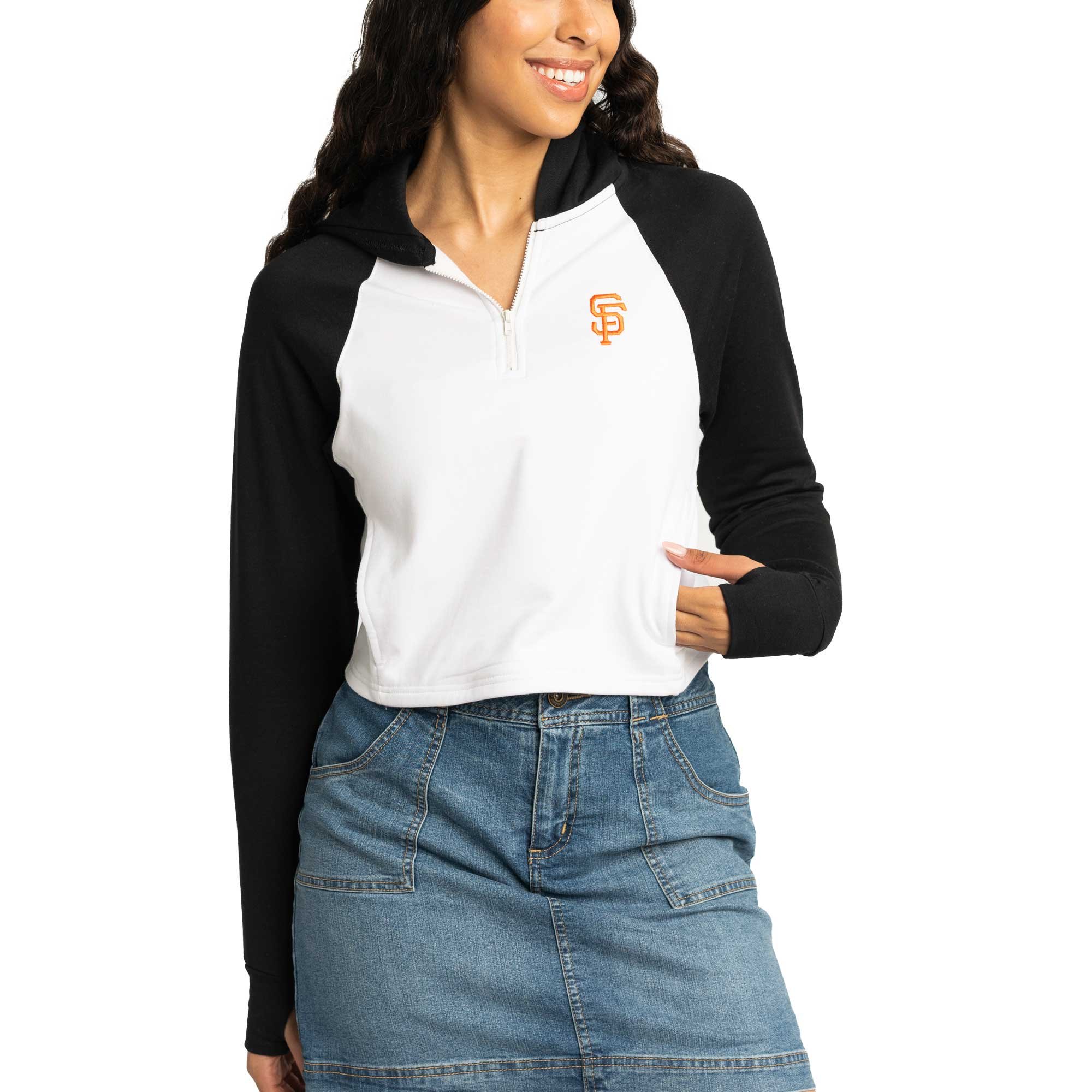 San Francisco Giants Lusso Women's Jane Raglan Quarter-Zip Tri-Blend Cropped  Pullover Hoodie - White