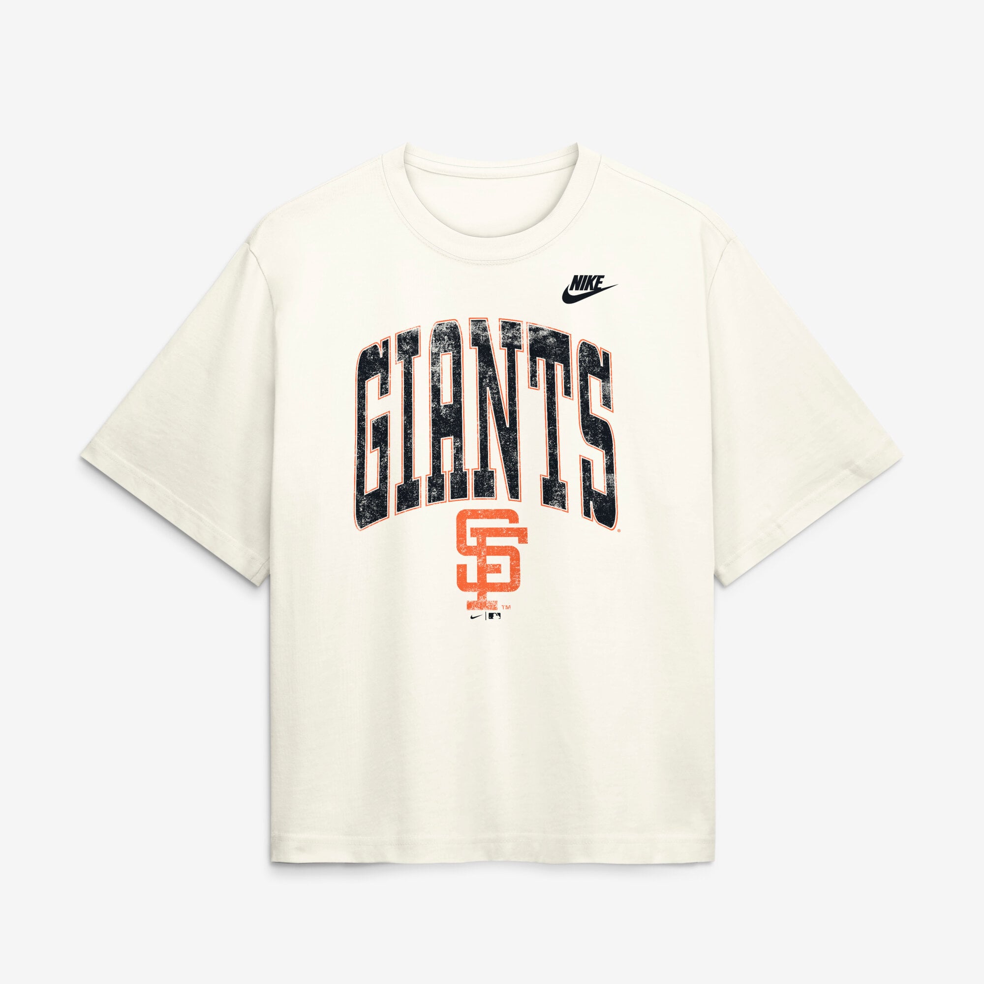 T-shirt Nike crème pour femme, motif San Francisco Giants, coupe carrée et effet vieilli.