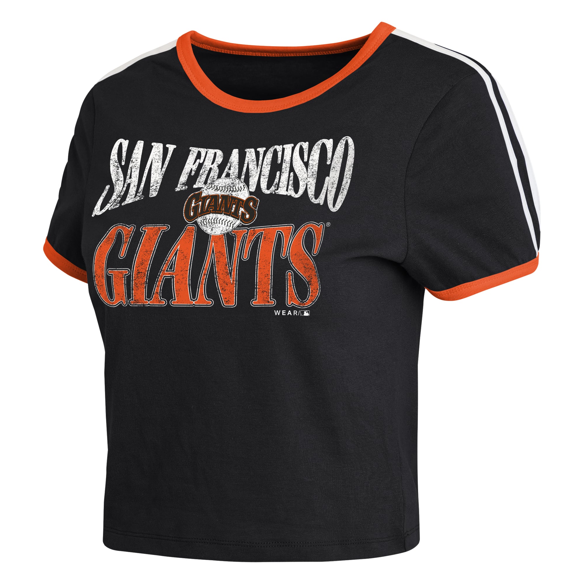Women's WEAR by Erin Andrews Black San Francisco Giants Cropped Throwback Ringer Baby T-Shirt
