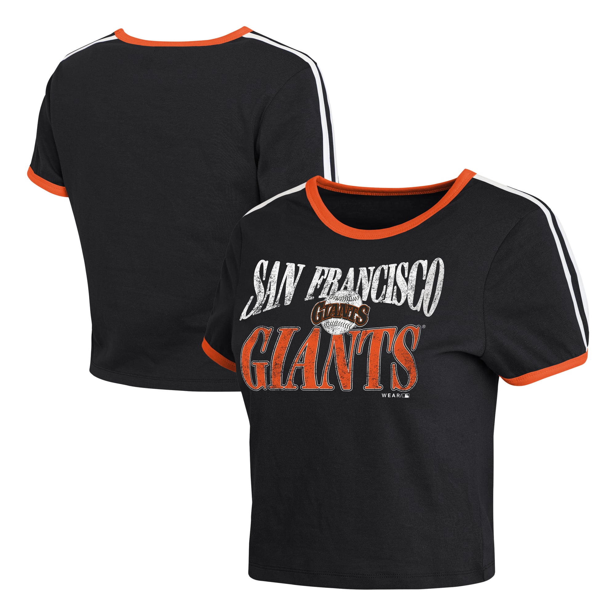Women's WEAR by Erin Andrews Black San Francisco Giants Cropped Throwback Ringer Baby T-Shirt