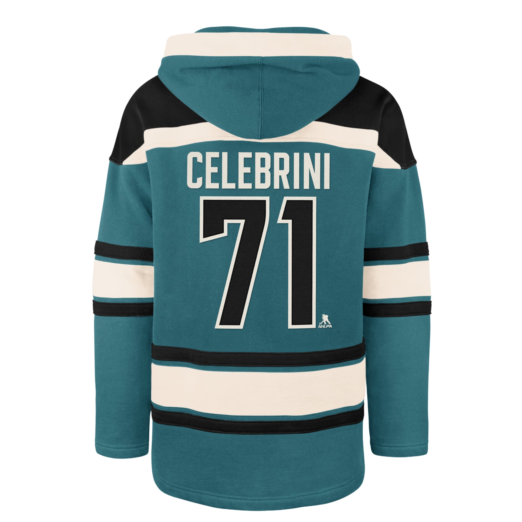 Sweat à capuche Lacer pour homme, modèle Macklin Celebrini, bleu sarcelle, San Jose Sharks, numéro 47