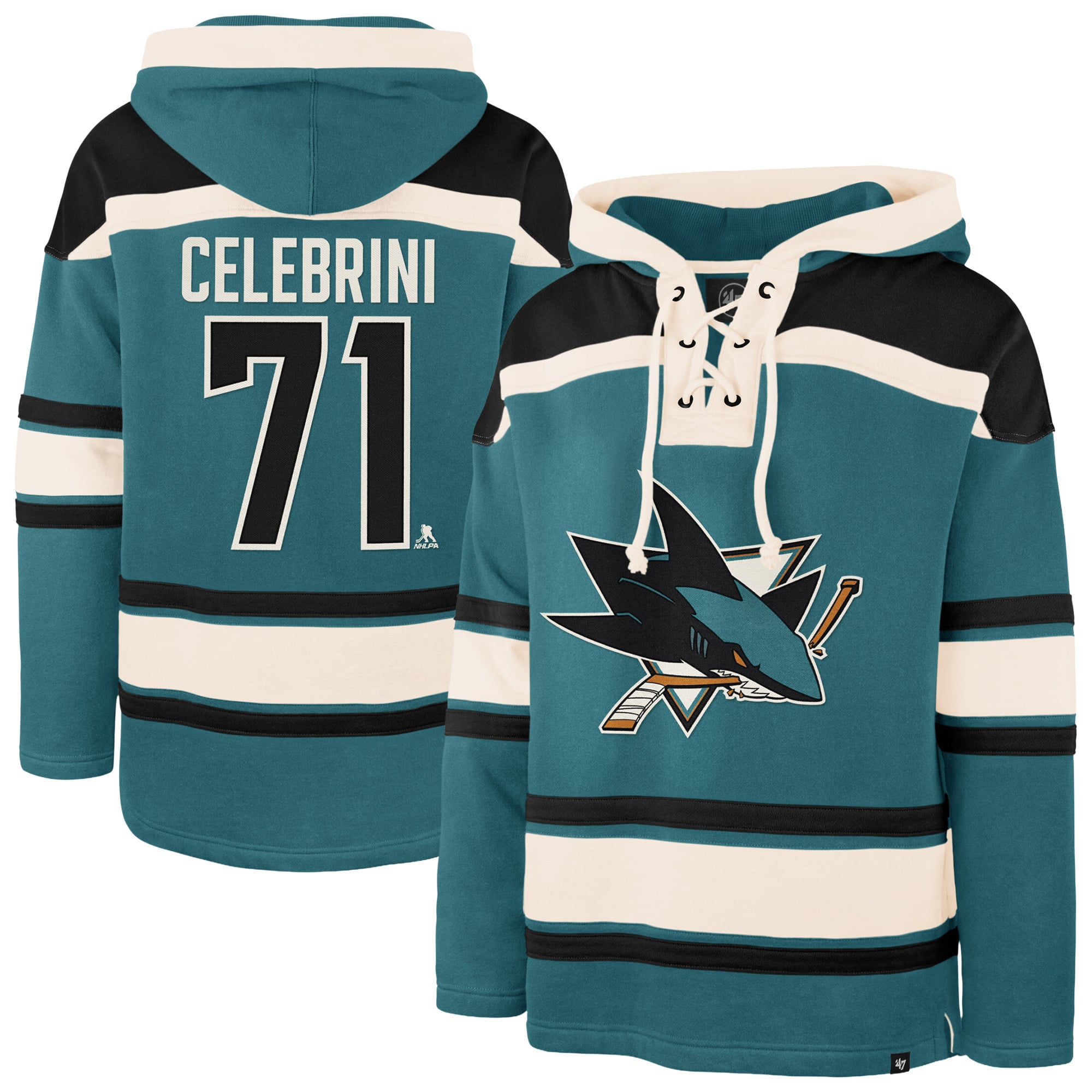Sweat à capuche Lacer pour homme, modèle Macklin Celebrini, bleu sarcelle, San Jose Sharks, numéro 47