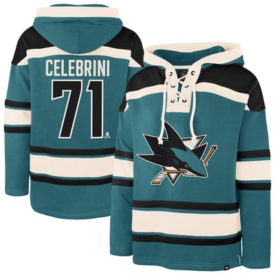 Men's San Jose Sharks Macklin Celebrini '47 Teal Player Name & Number Lacer Hoodie