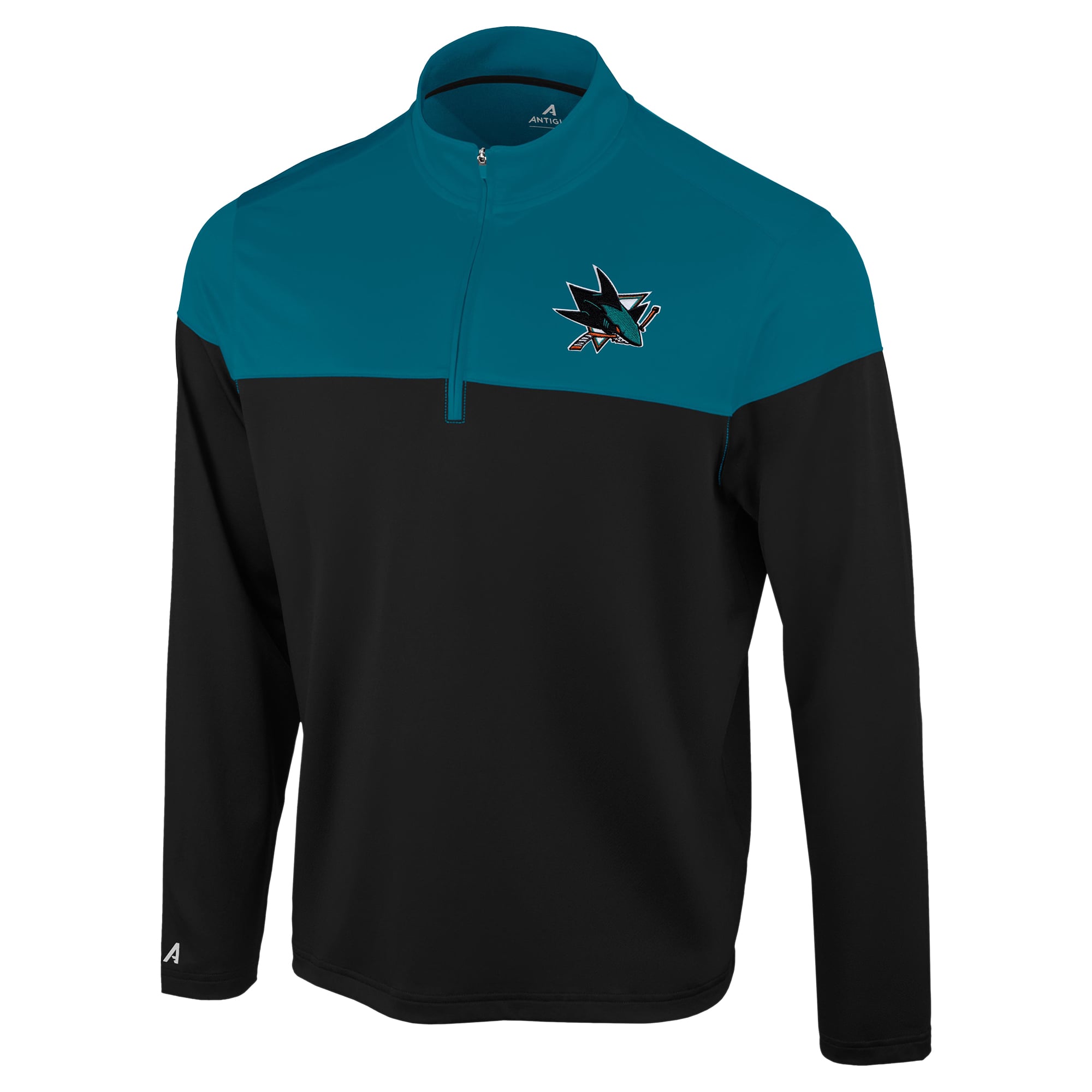 Pull à col zippé Antigua Hinder pour homme, noir et turquoise, San Jose Sharks