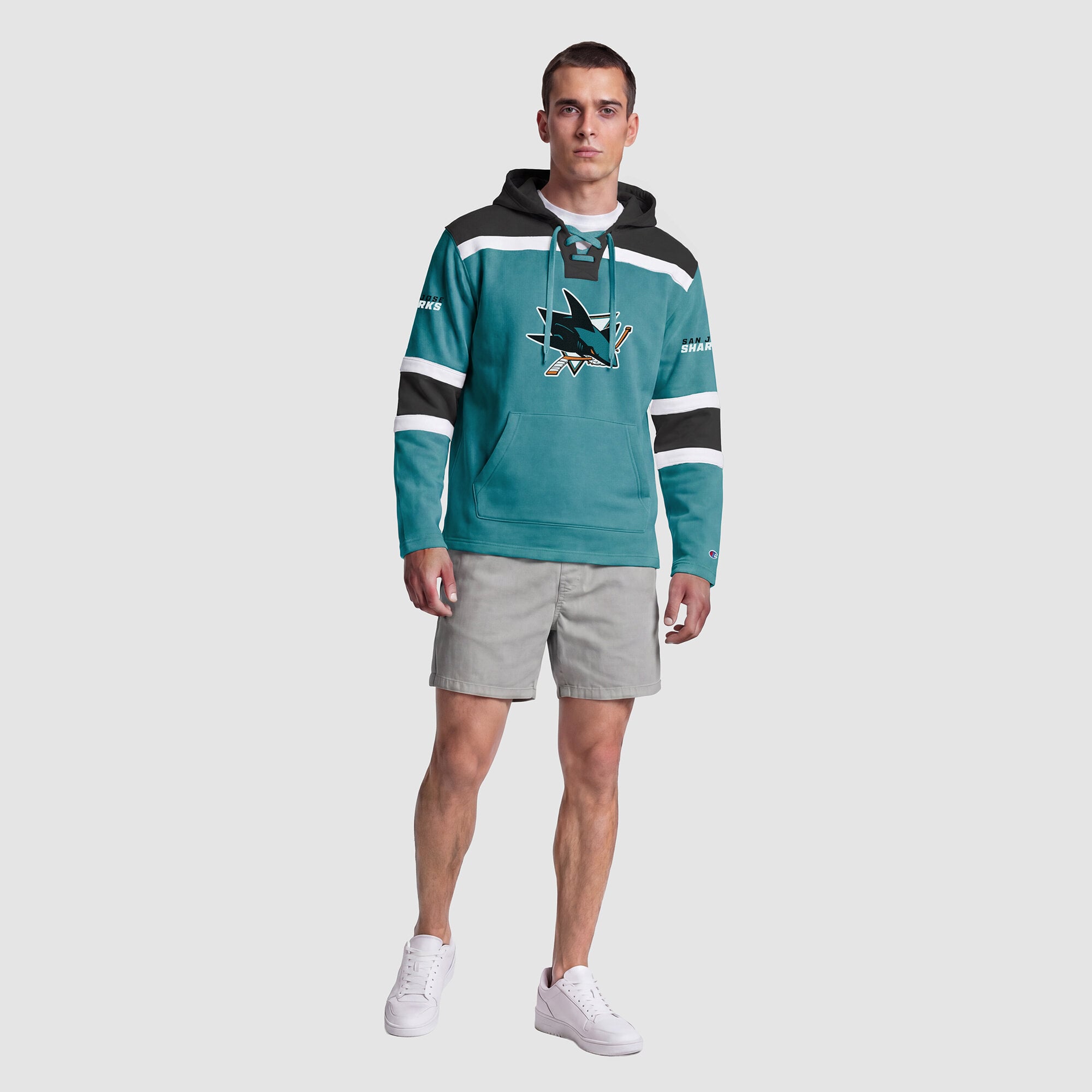 Sweat à capuche en polaire de hockey Champion pour homme, couleur sarcelle, San Jose Sharks.