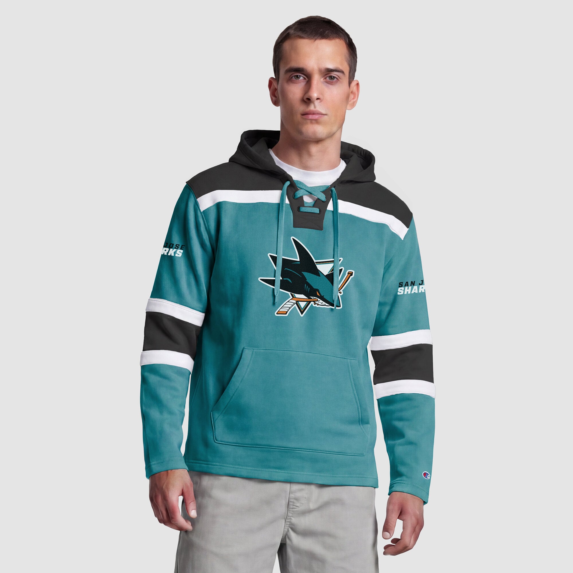 Sweat à capuche en polaire de hockey Champion pour homme, couleur sarcelle, San Jose Sharks.