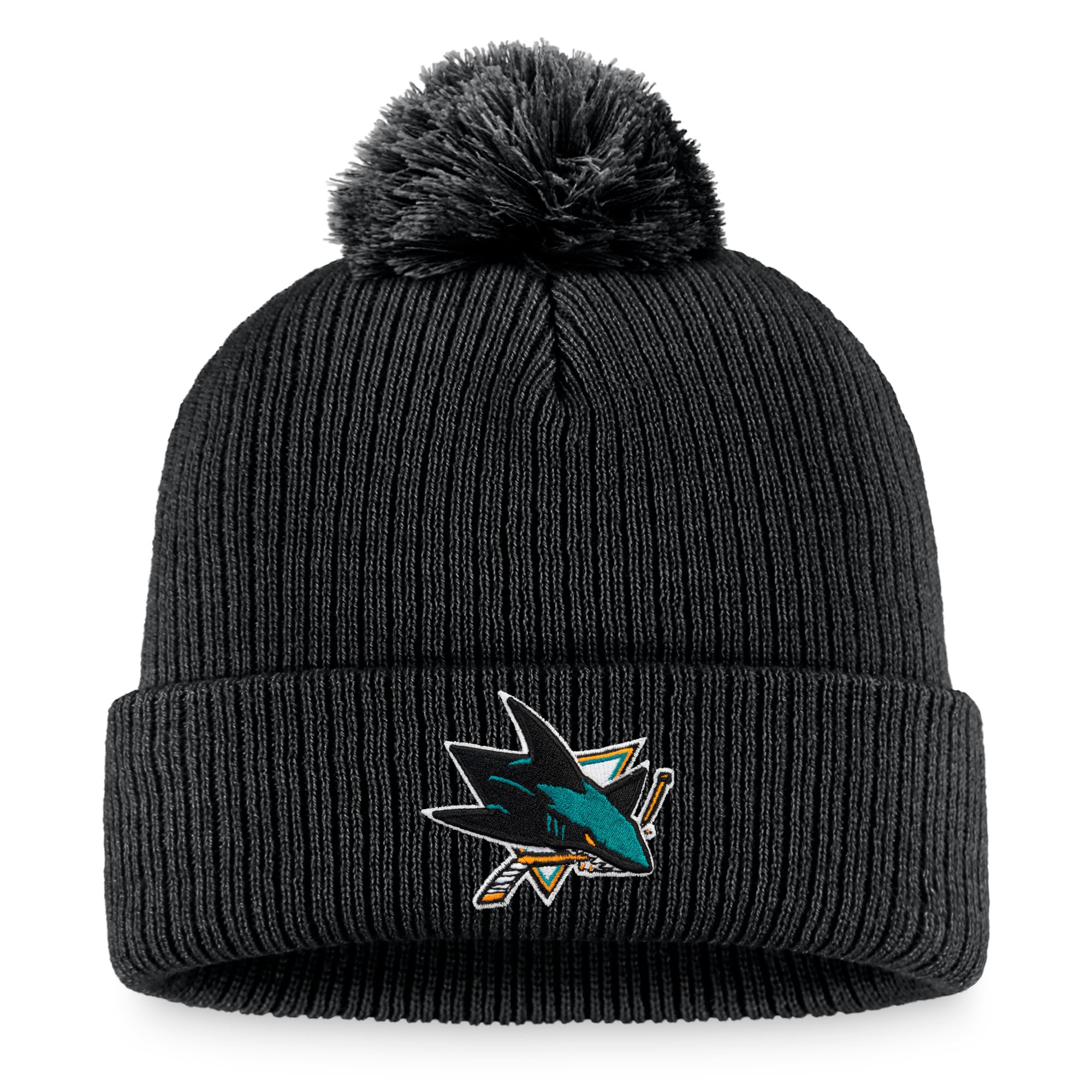 Bonnet en tricot à revers avec logo principal des Sharks de San Jose pour hommes Fanatics noir et pompon