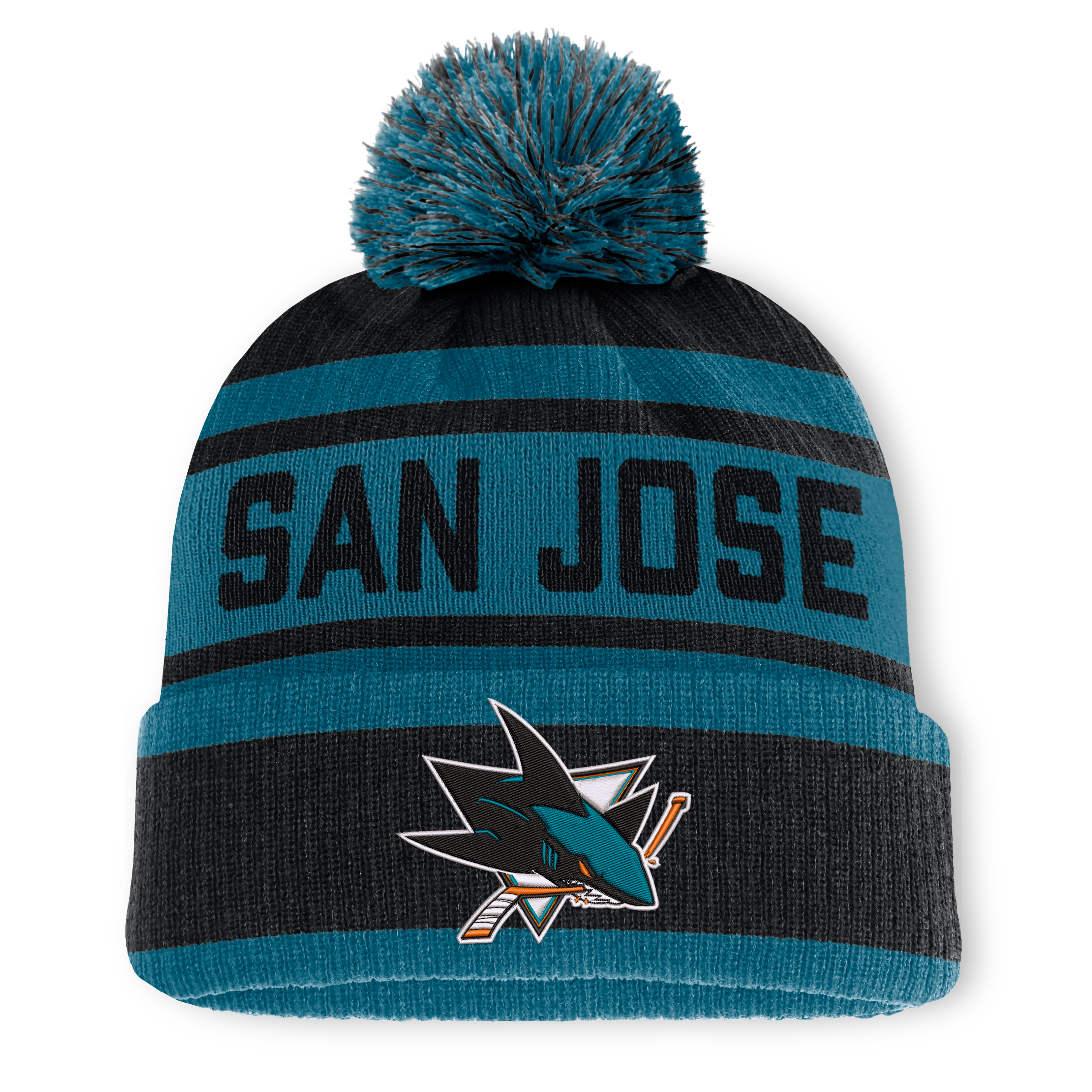 Bonnet à revers Fanatics noir/turquoise San Jose Sharks Fundamental pour homme avec pompon