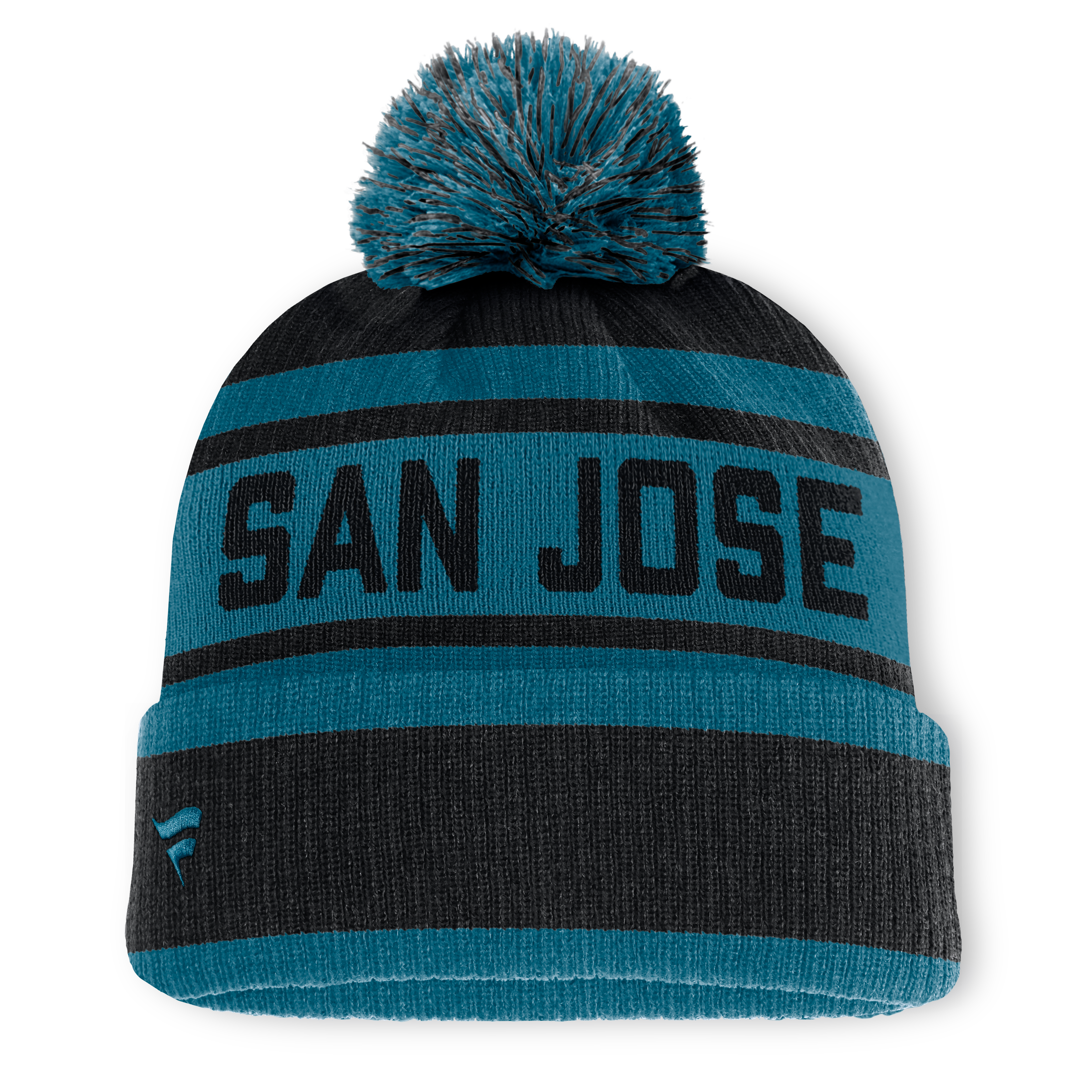 Bonnet à revers Fanatics noir/turquoise San Jose Sharks Fundamental pour homme avec pompon