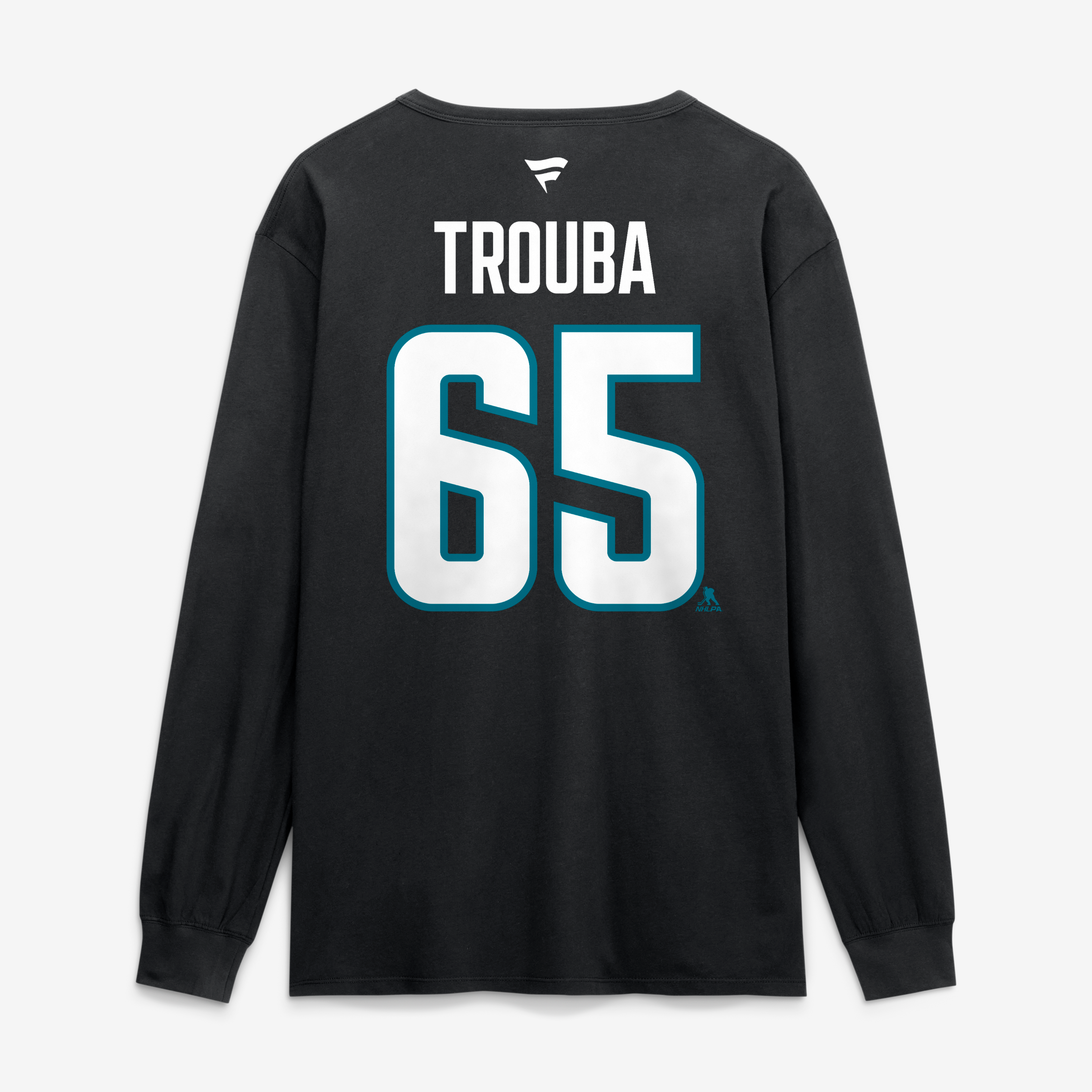 T-shirt à manches longues authentique Fanatics Jacob Trouba noir San Jose Sharks avec nom et numéro.