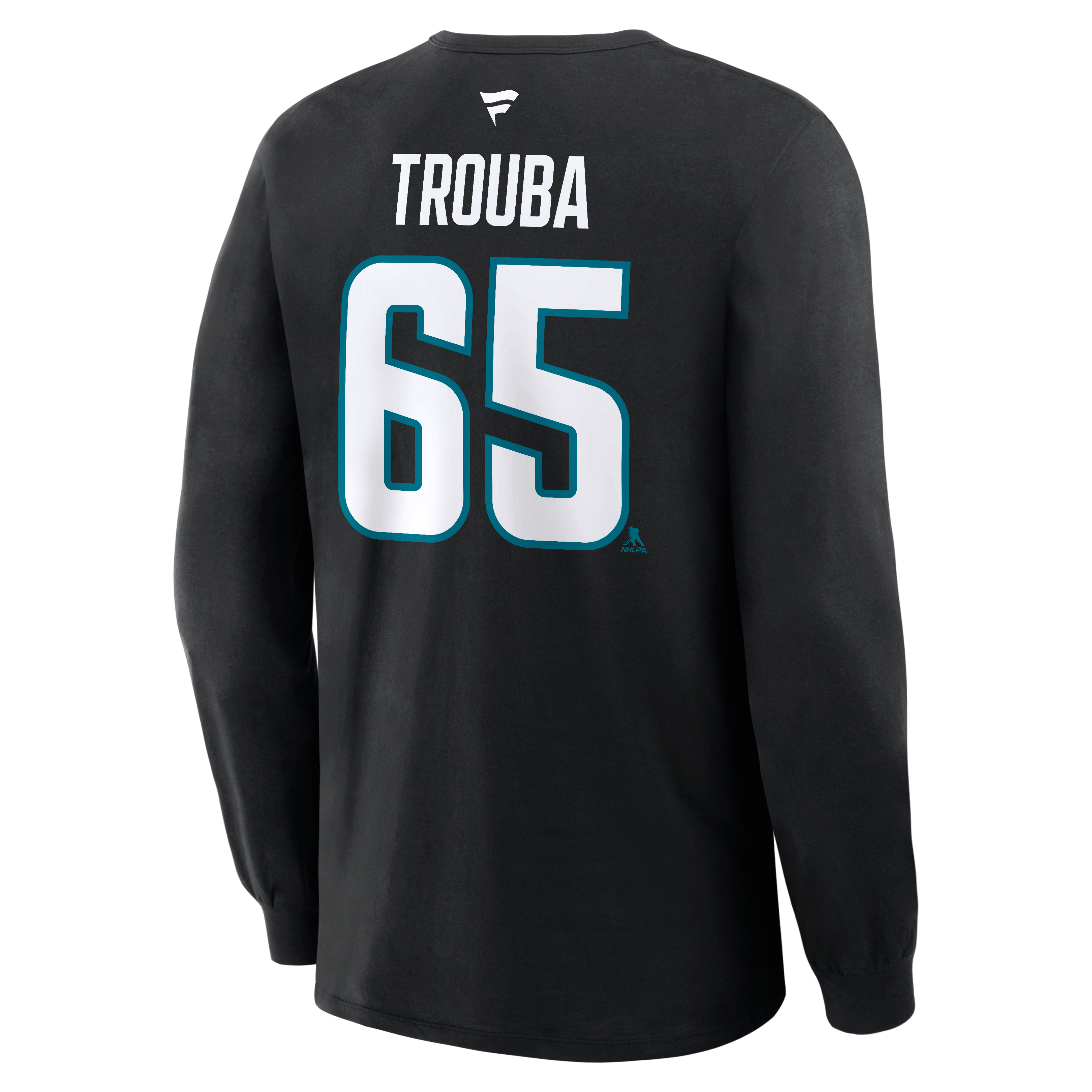 T-shirt à manches longues authentique Fanatics Jacob Trouba noir San Jose Sharks avec nom et numéro.