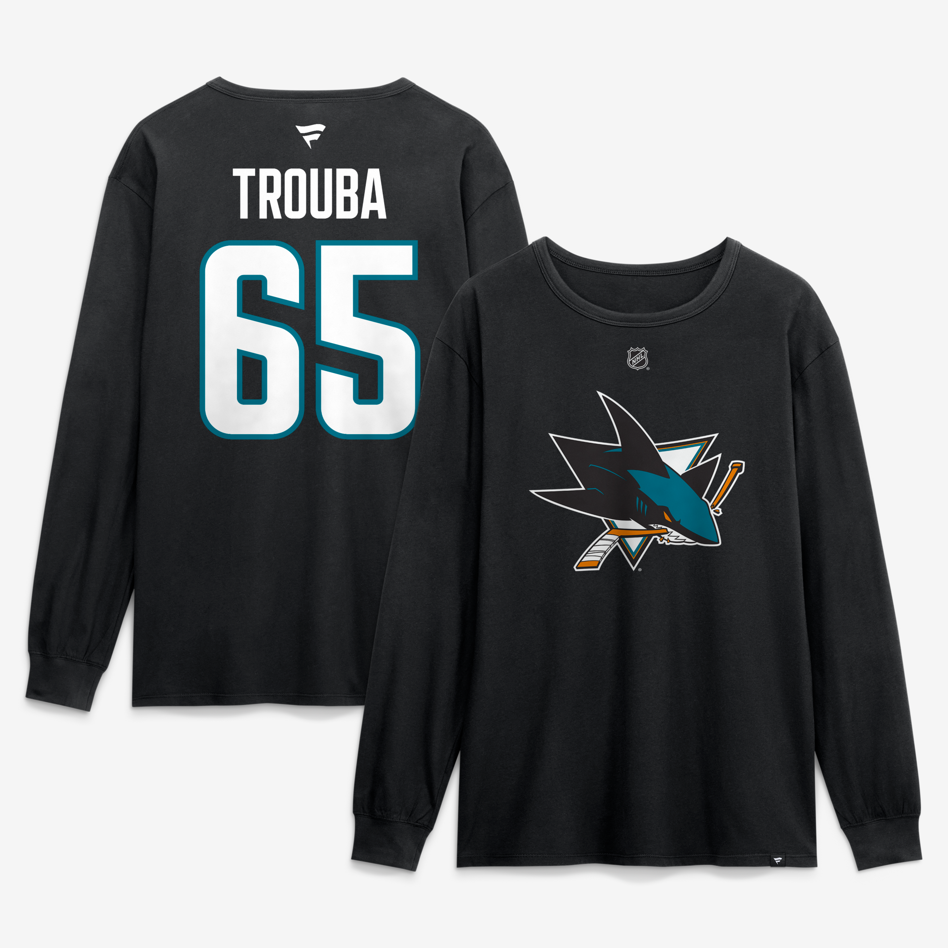 T-shirt à manches longues authentique Fanatics Jacob Trouba noir San Jose Sharks avec nom et numéro.