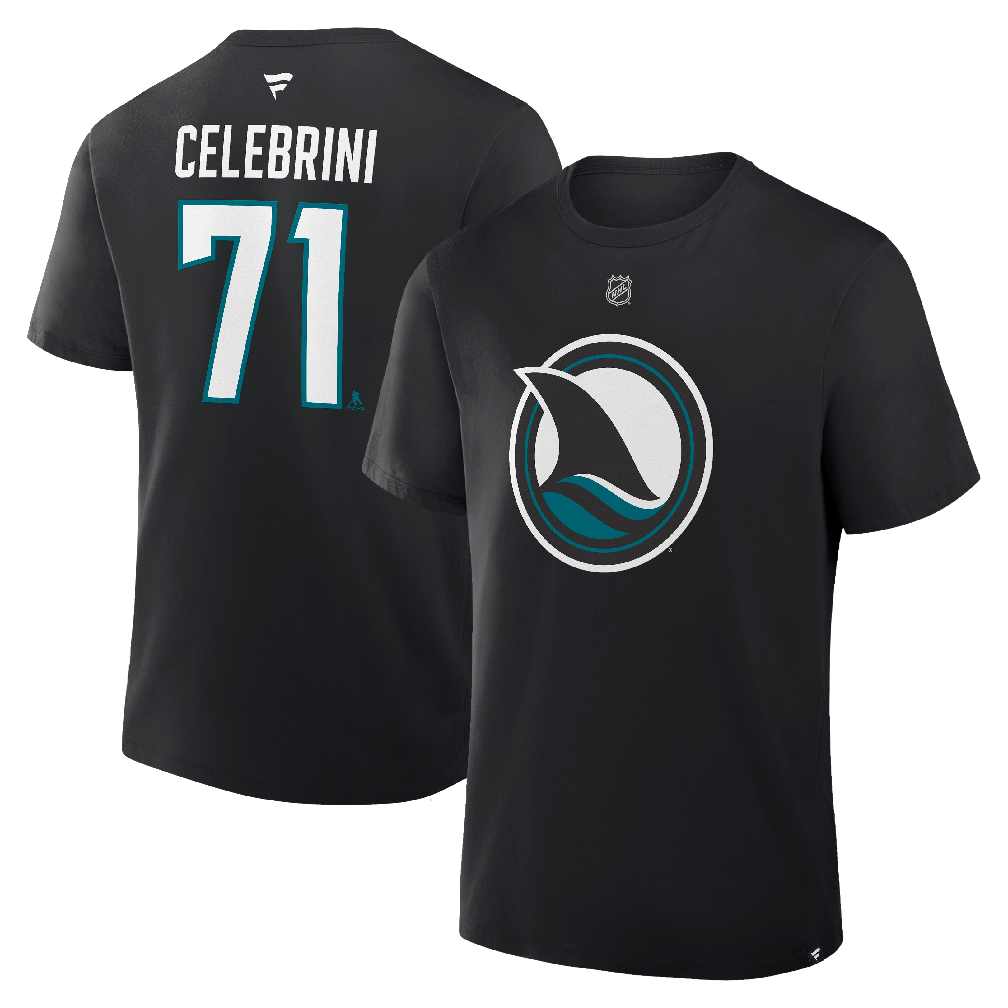 T-shirt authentique Fanatics Macklin Celebrini noir San Jose Sharks avec nom et numéro.
