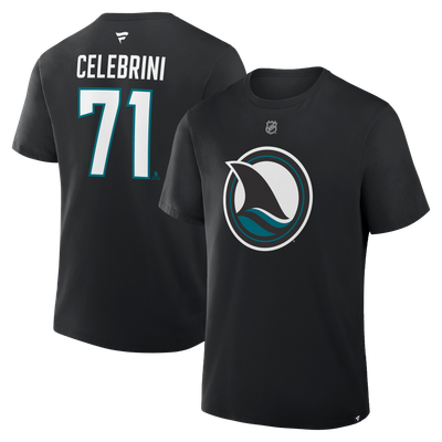 T-shirt authentique noir à accumulation Macklin Celebrini des Sharks de San Jose pour homme (Fanatics) avec nom et numéro