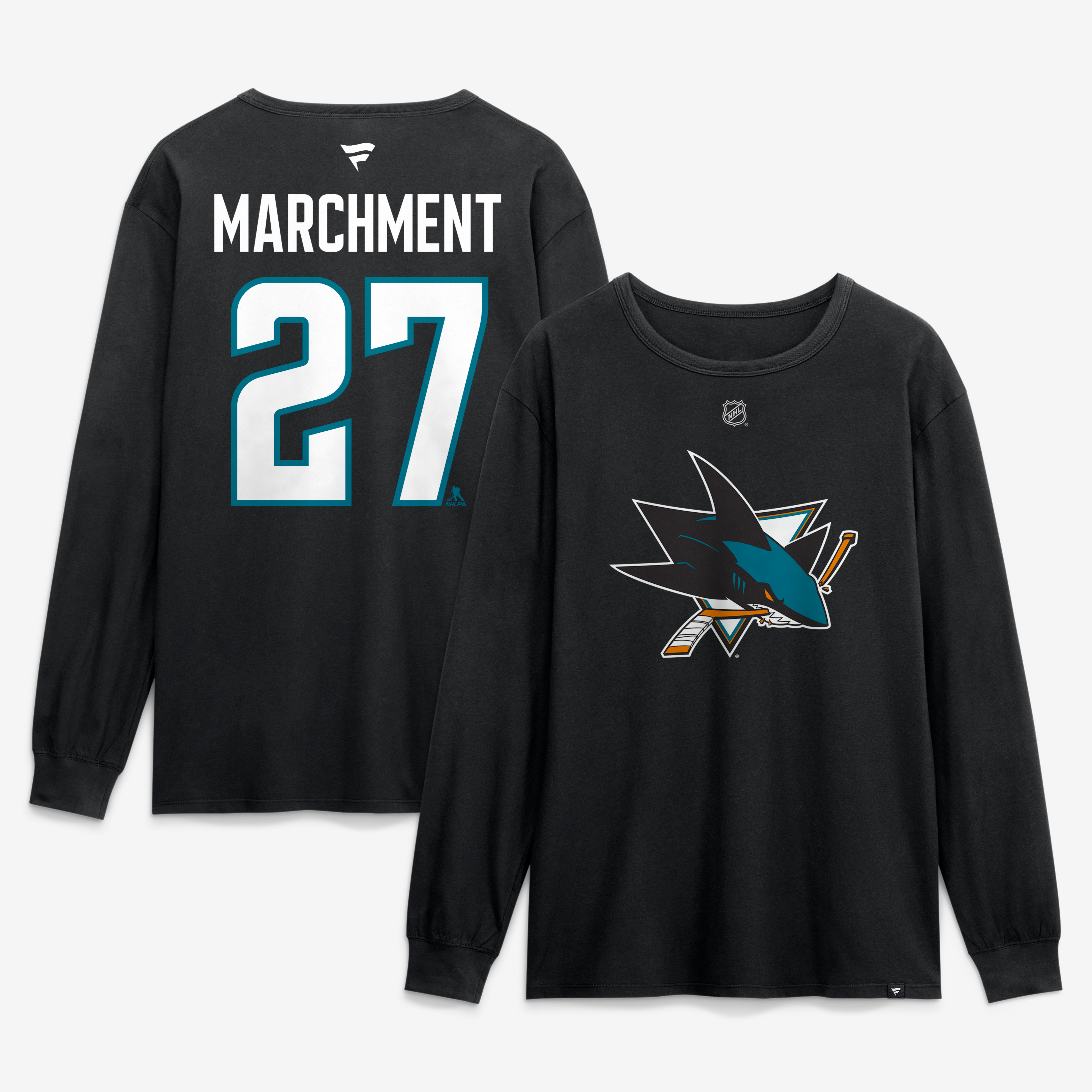 T-shirt à manches longues authentique Fanatics Mason Marchment noir San Jose Sharks avec nom et numéro.