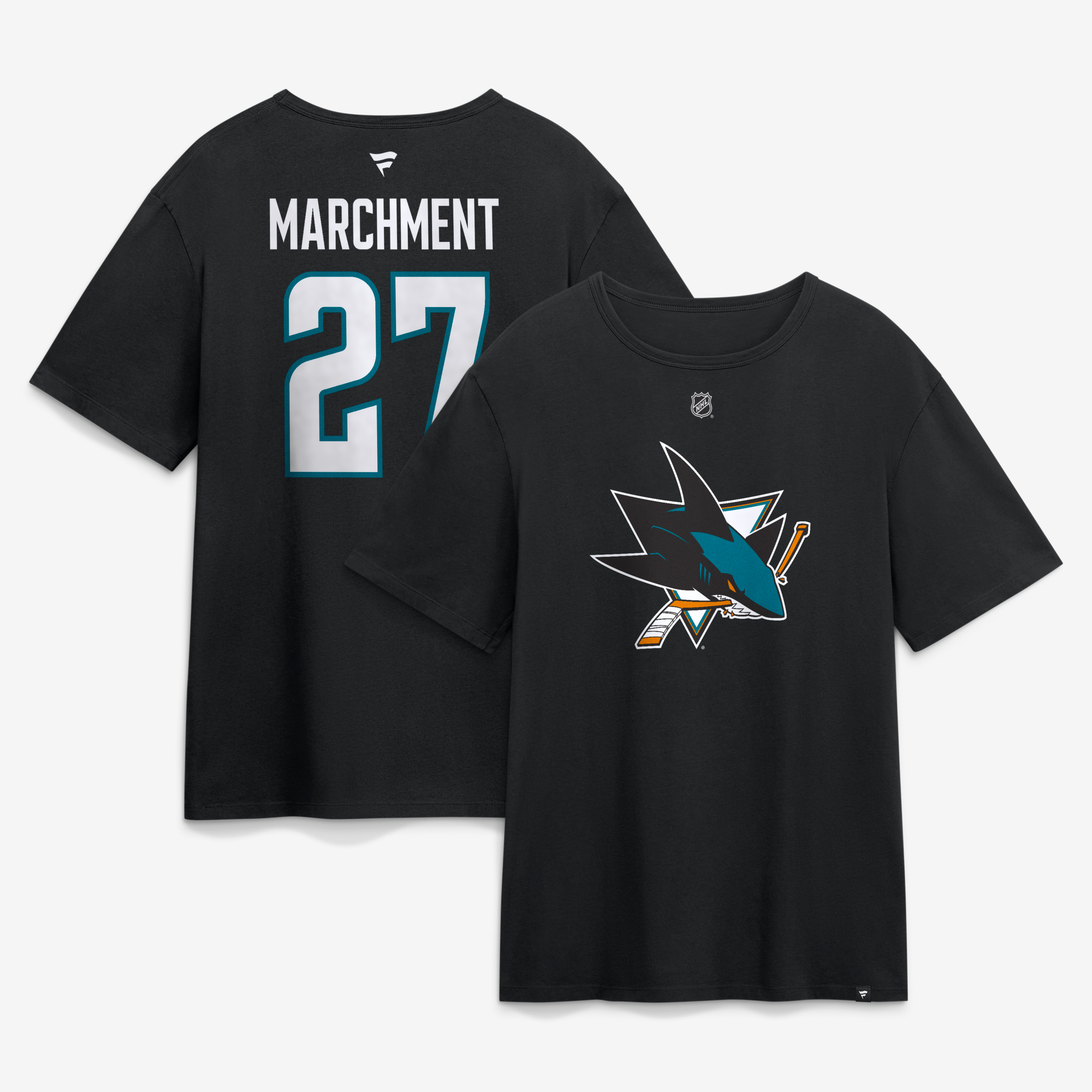 T-shirt authentique Fanatics Mason Marchment noir San Jose Sharks avec nom et numéro.