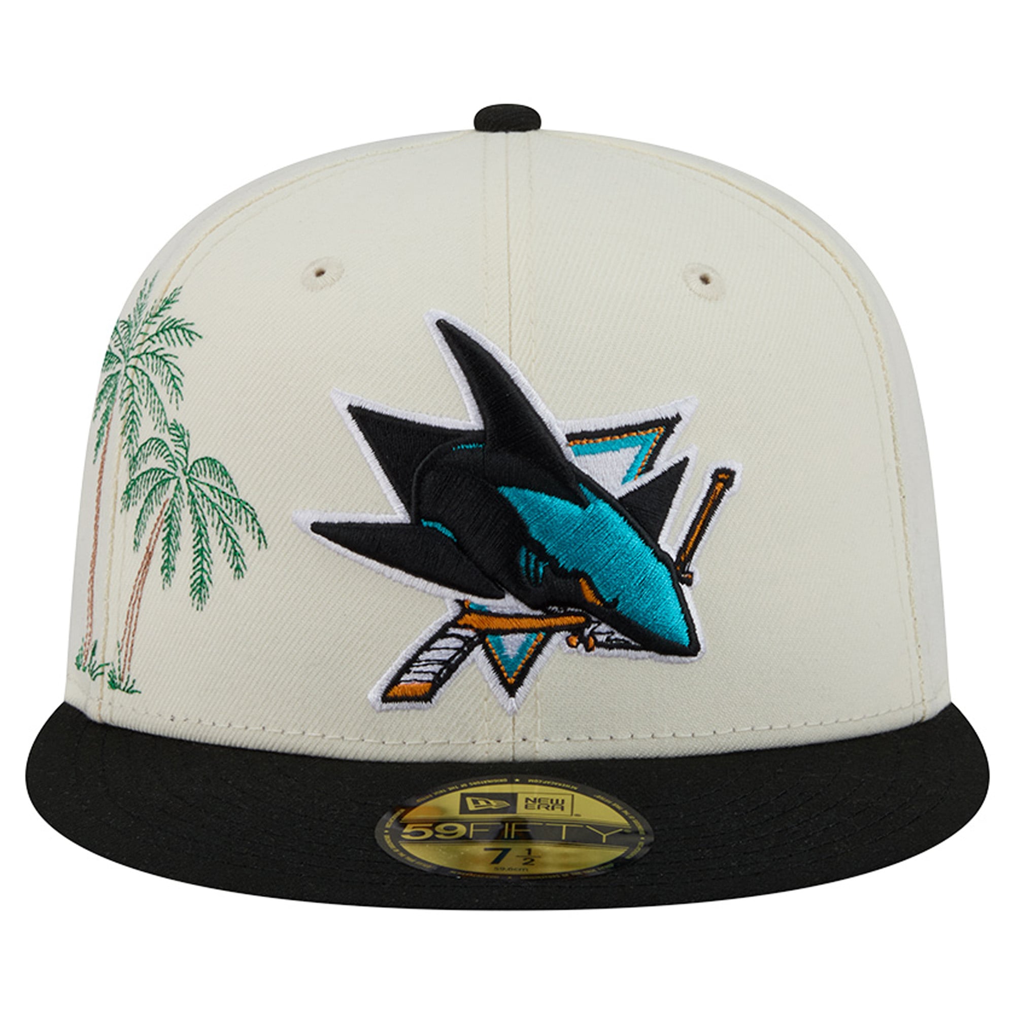Casquette ajustée New Era 59FIFTY crème/noire pour homme, modèle San Jose Sharks, avec coutures personnalisées.