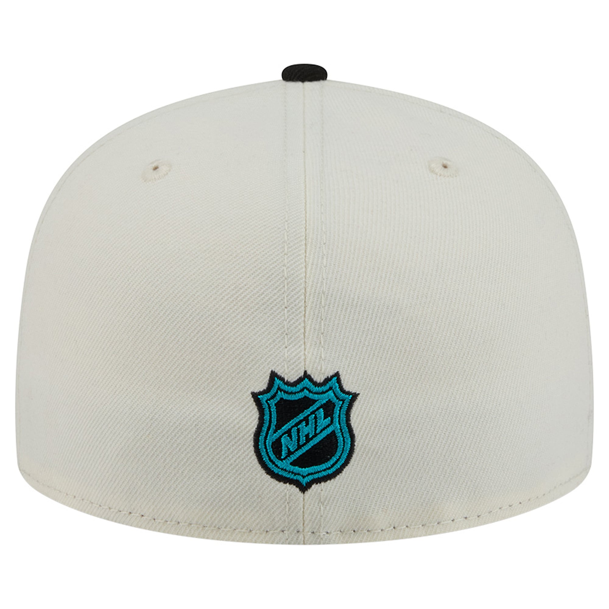 Casquette ajustée New Era 59FIFTY crème/noire pour homme, modèle San Jose Sharks, avec coutures personnalisées.