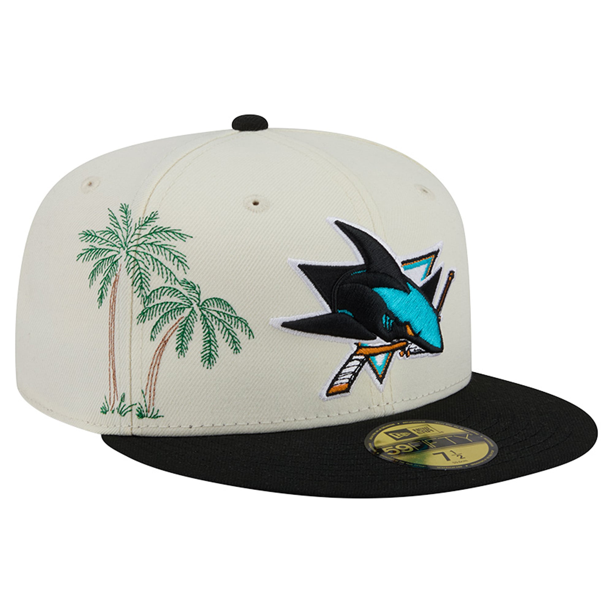 Casquette ajustée New Era 59FIFTY crème/noire pour homme, modèle San Jose Sharks, avec coutures personnalisées.