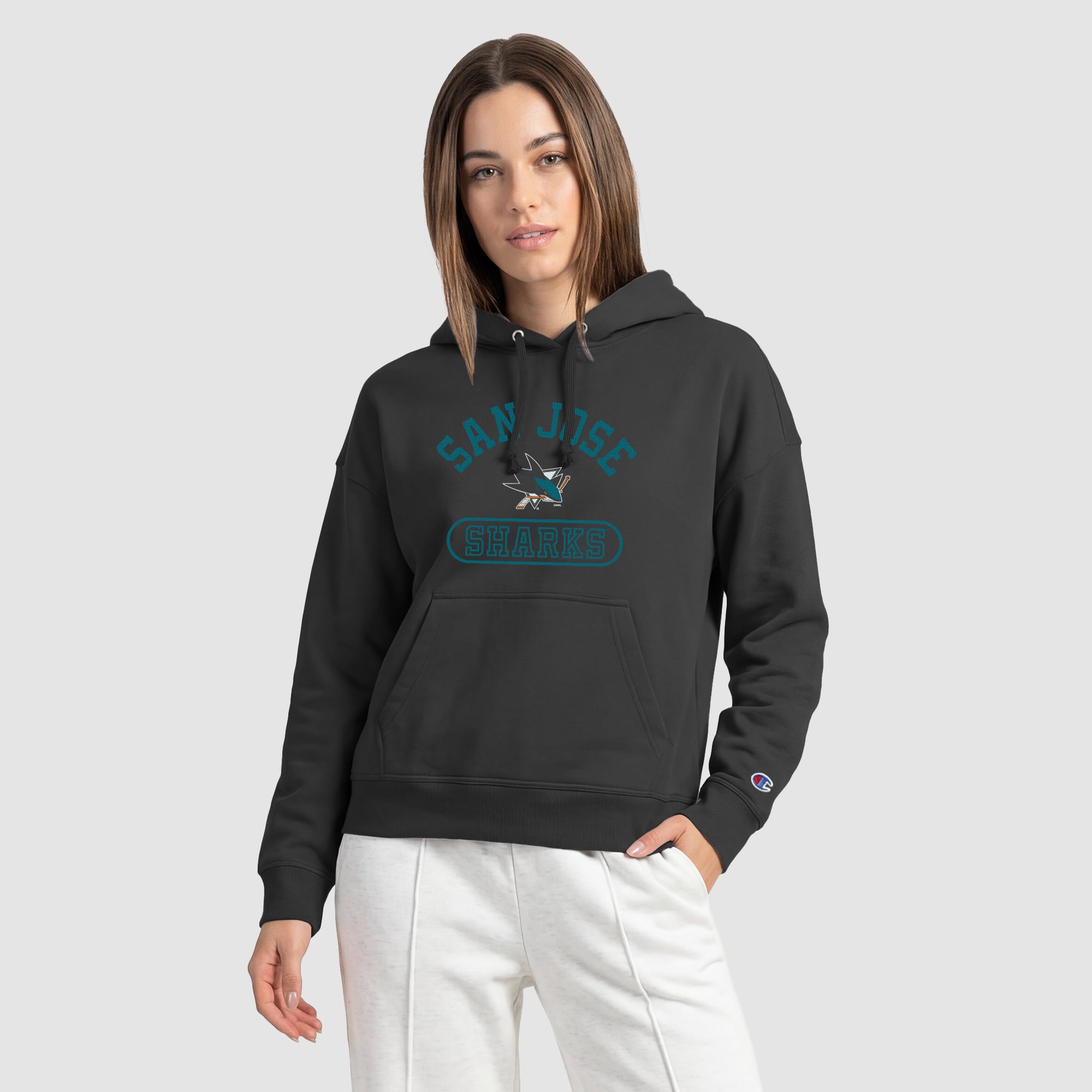Sweat à capuche Champion noir pour femme, modèle Arched Pill Box, San Jose Sharks.