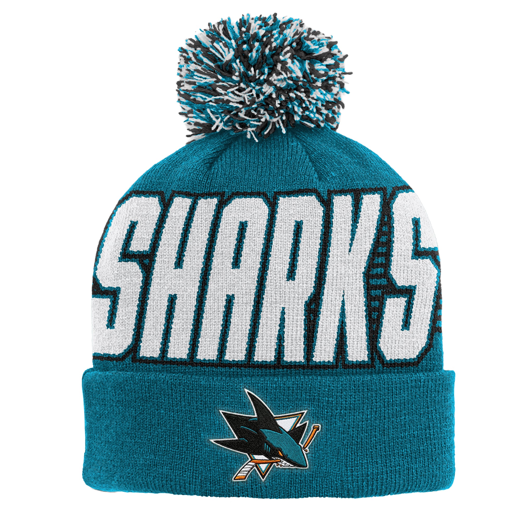 Bonnet tricoté à revers bleu sarcelle San Jose Sharks pour enfant Outerstuff avec pompon