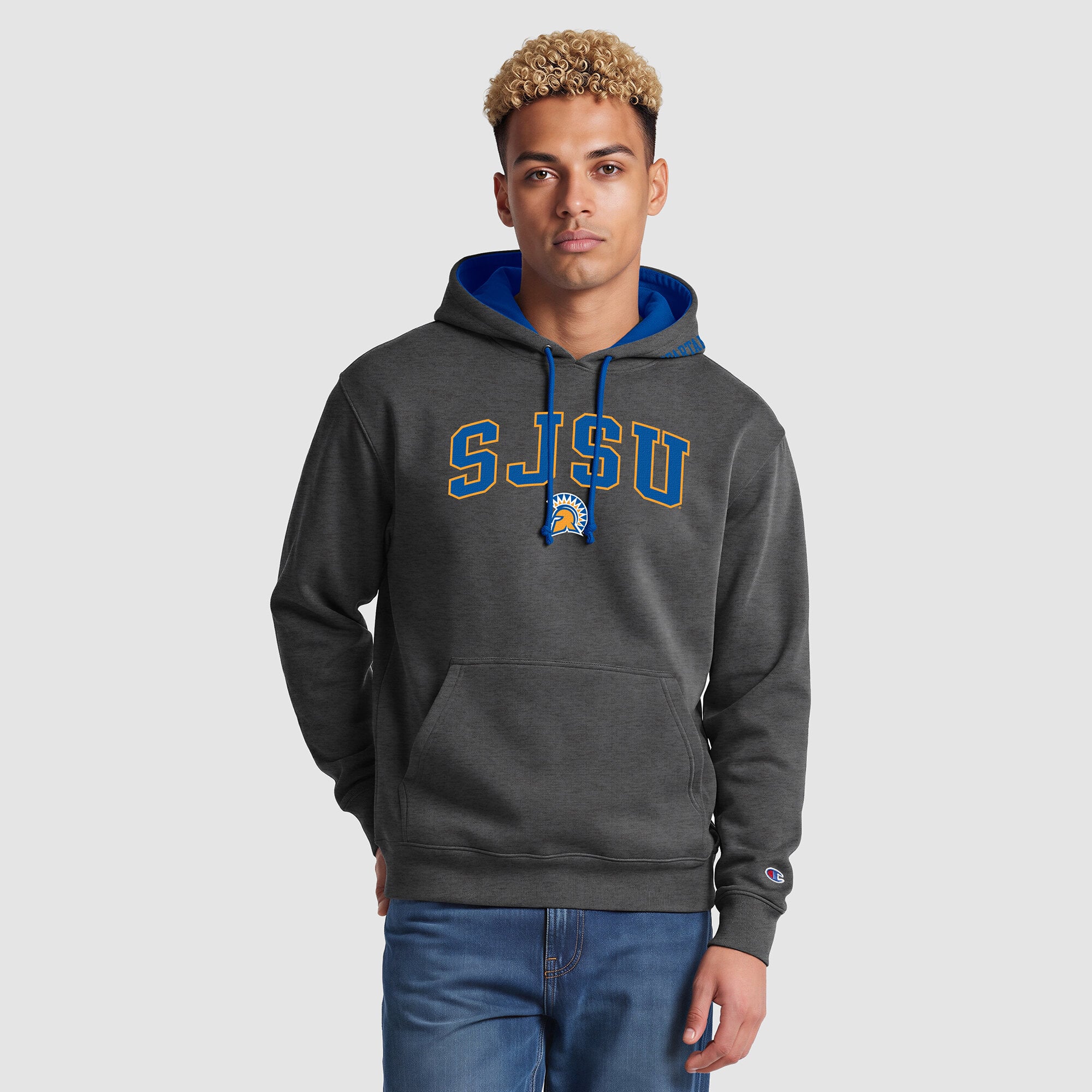 Sweat à capuche contrasté Champion pour homme, gris chiné/bleu royal, San Jose State Spartans