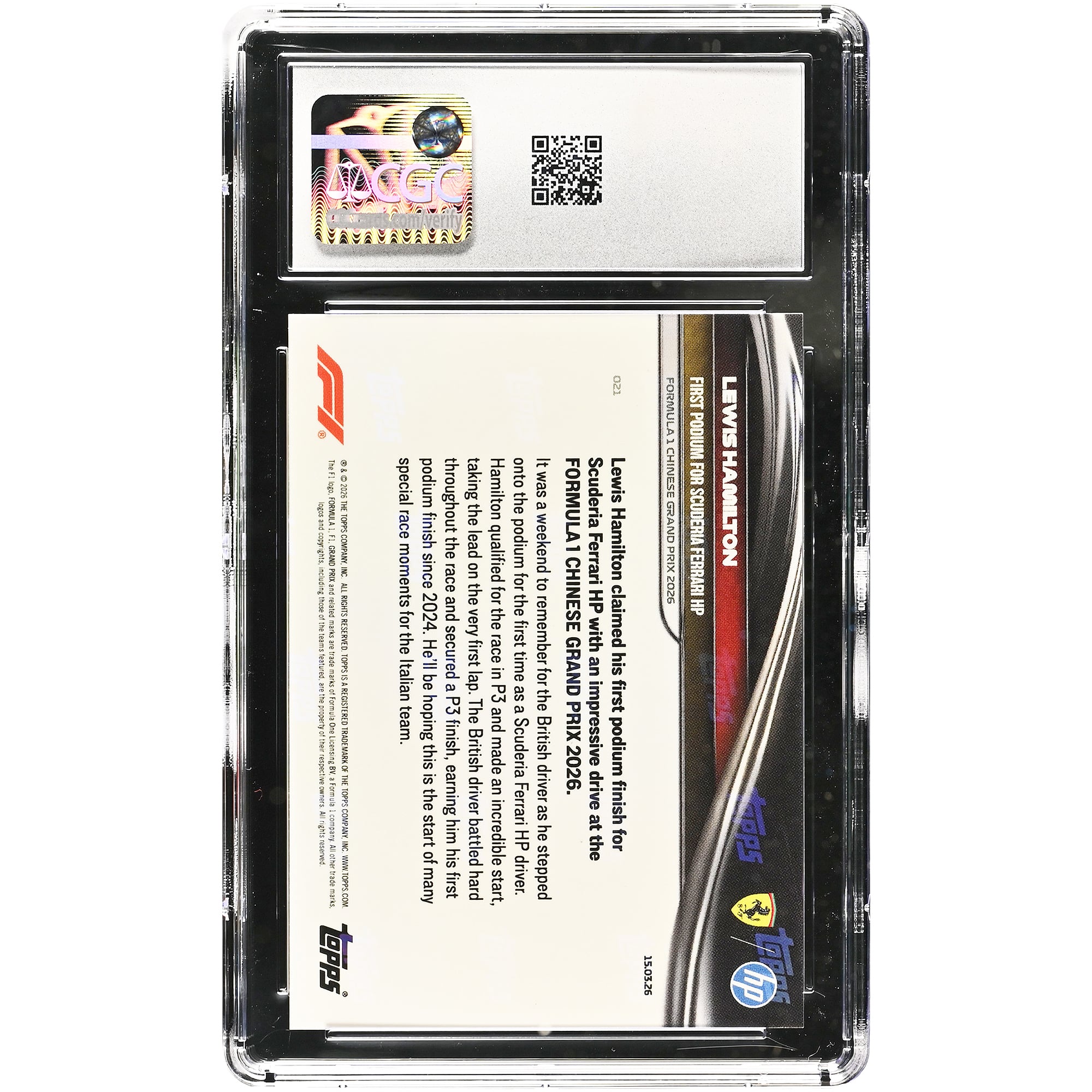 Carte de Lewis Hamilton Scuderia Ferrari 2026 Topps Now Formula 1 Premier podium pour la Scuderia Ferrari HP #021 Authentifiée CGC 9.5