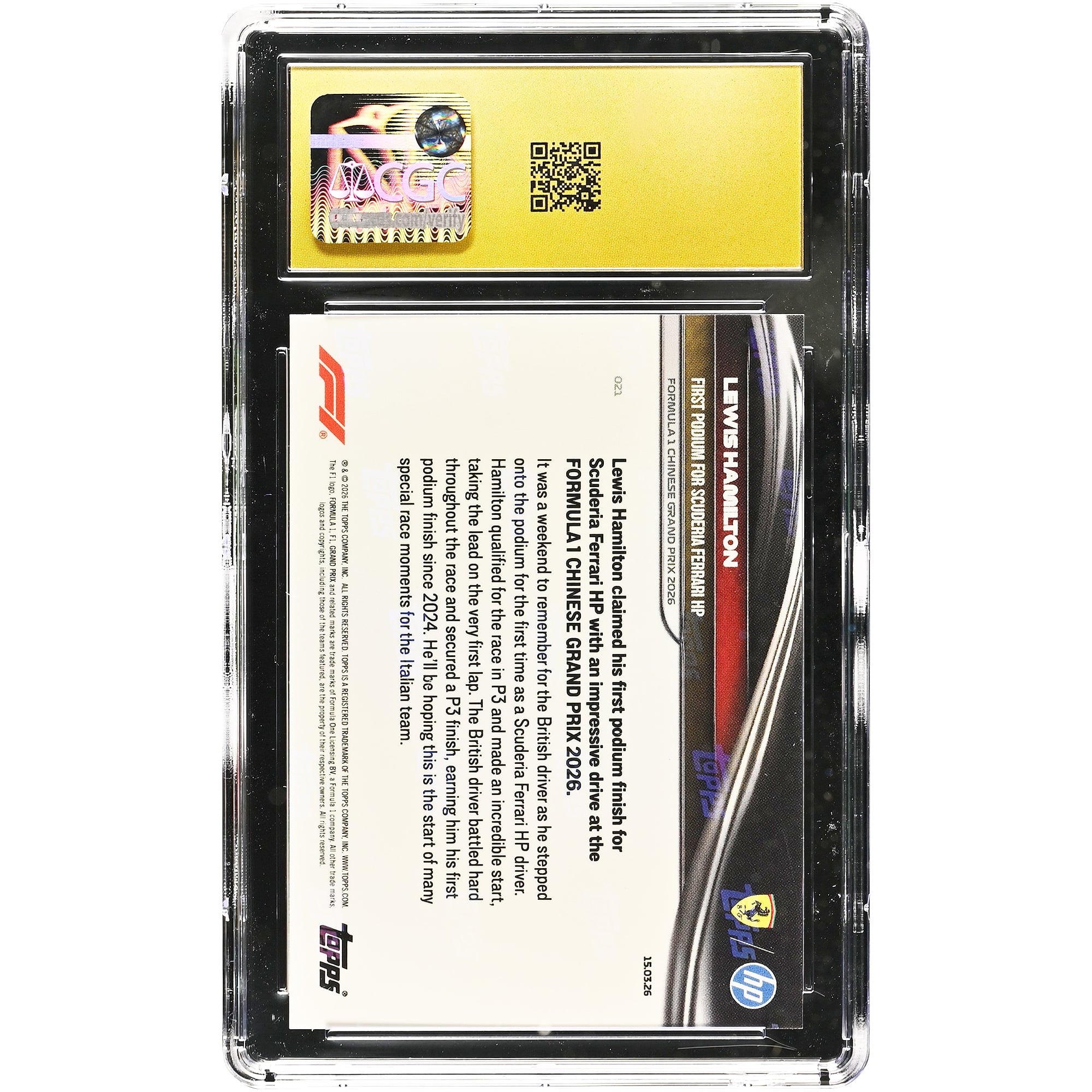 Carte de Lewis Hamilton Scuderia Ferrari 2026 Topps Now Formula 1 Premier podium pour la Scuderia Ferrari HP #021 Authentifiée CGC Pristine 10
