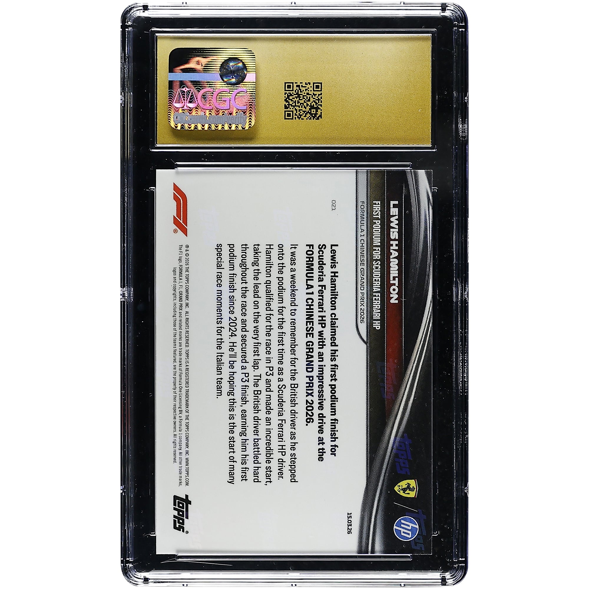 Carte Lewis Hamilton Scuderia Ferrari 2026 Topps Now Formule 1 Premier Podium, feuille d'or, numéro de voiture correspondant #21 #44/50, authentifiée CGC, état PRISTINE 10