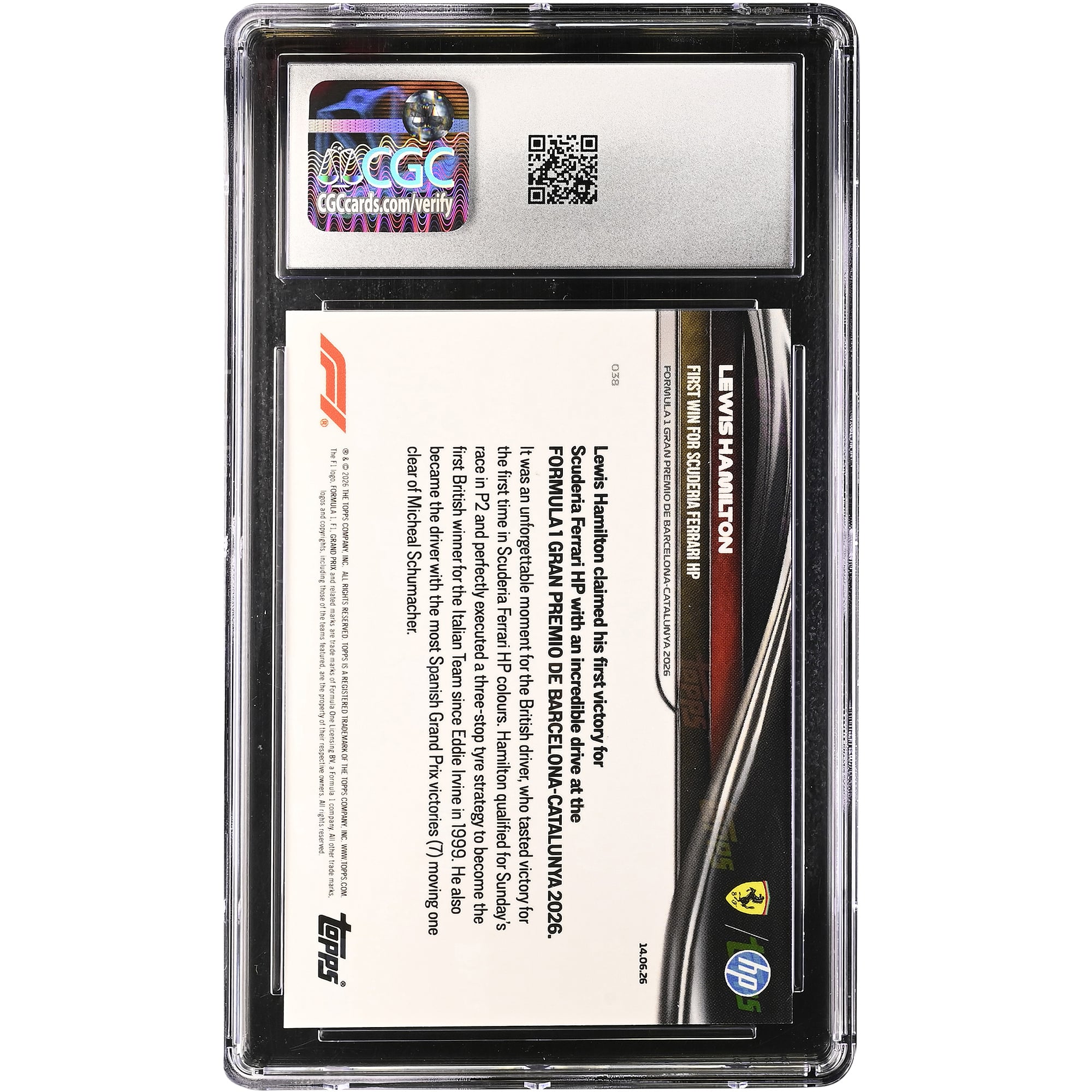 Carte Lewis Hamilton Scuderia Ferrari 2026 Topps Now Formule 1 Première victoire pour la Scuderia Ferrari HP #38 Authentifiée CGC État neuf (GEM MINT 10)
