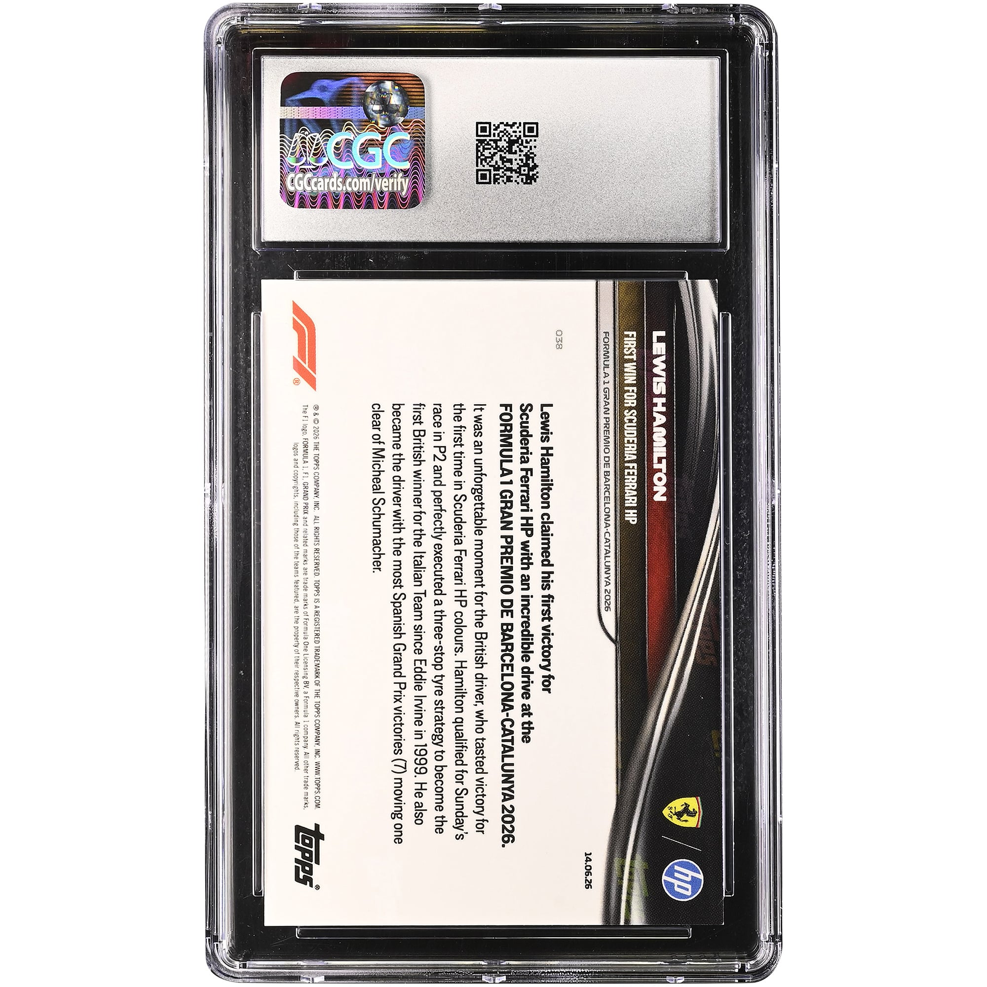 Carte Lewis Hamilton Scuderia Ferrari 2026 Topps Now Formule 1 Première victoire pour la Scuderia Ferrari HP #38 Authentifiée CGC MINT+ 9.5