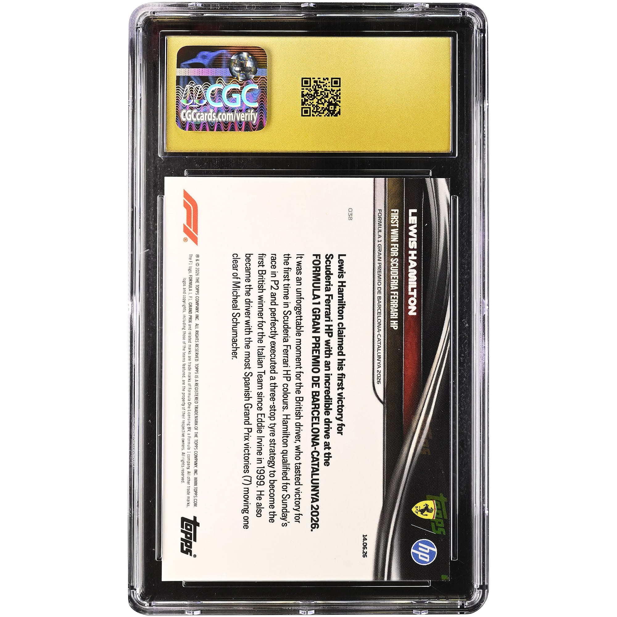 Carte Lewis Hamilton Scuderia Ferrari 2026 Topps Now Formule 1 Première victoire pour la Scuderia Ferrari HP #38 Authentifiée CGC État PRISTINE 10