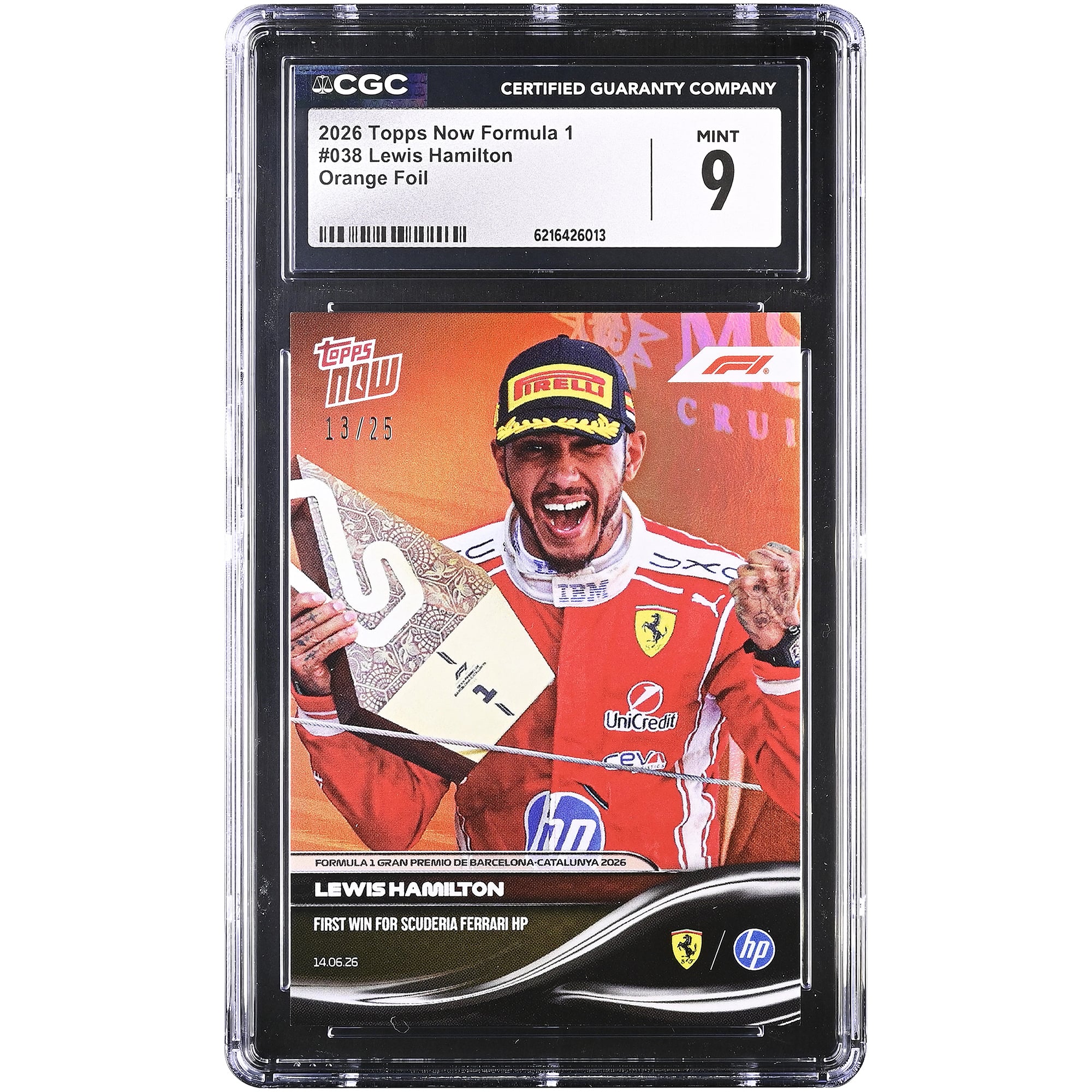Carte de Lewis Hamilton Scuderia Ferrari 2026 Topps Now Formule 1 Première victoire pour la Scuderia Ferrari HP Orange Foil #38 #/25 Authentifiée CGC 9