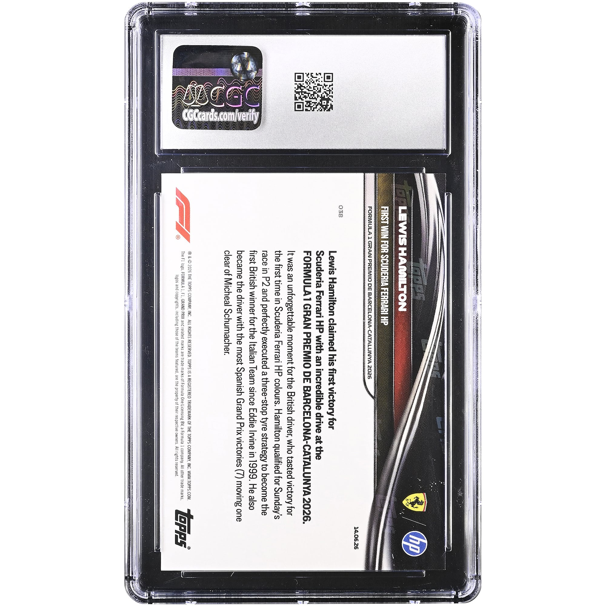 Carte de Lewis Hamilton Scuderia Ferrari 2026 Topps Now Formule 1 Première victoire pour la Scuderia Ferrari HP Orange Foil #38 #/25 Authentifiée CGC 9