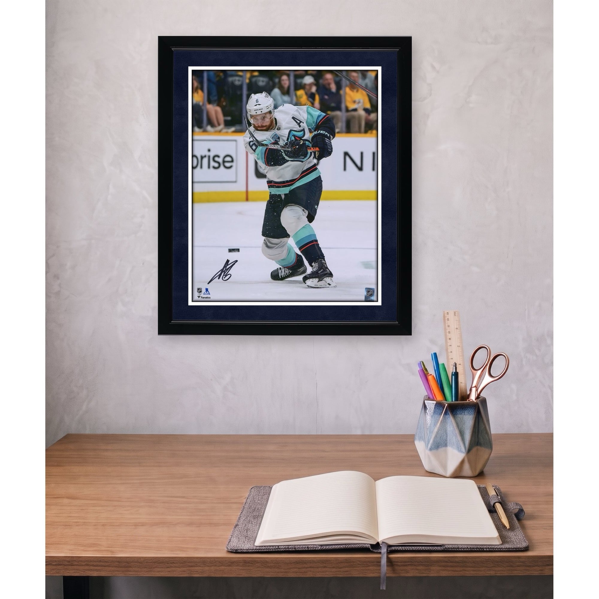 Adam Larsson Seattle Kraken Autographed 16'' x 20'' White Jersey Shooting Photograph