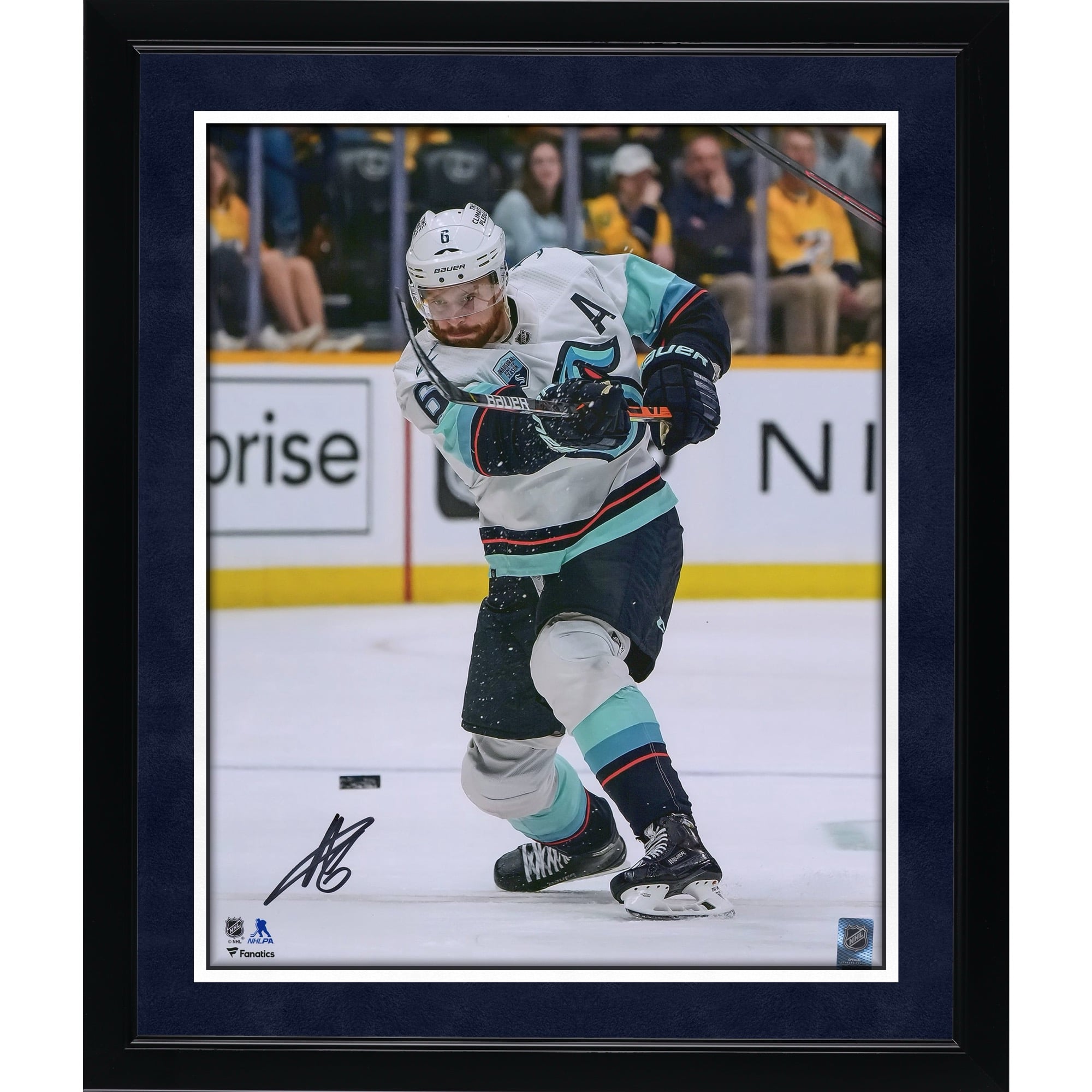 Adam Larsson Seattle Kraken Autographed 16'' x 20'' White Jersey Shooting Photograph