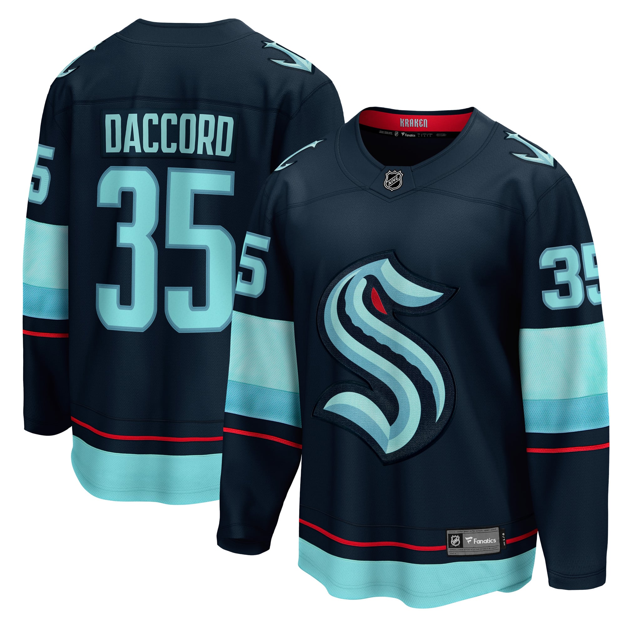 Fanatics pour hommes Joey Daccord Deep Sea Blue Seattle Kraken Home Breakaway Player Maillot
