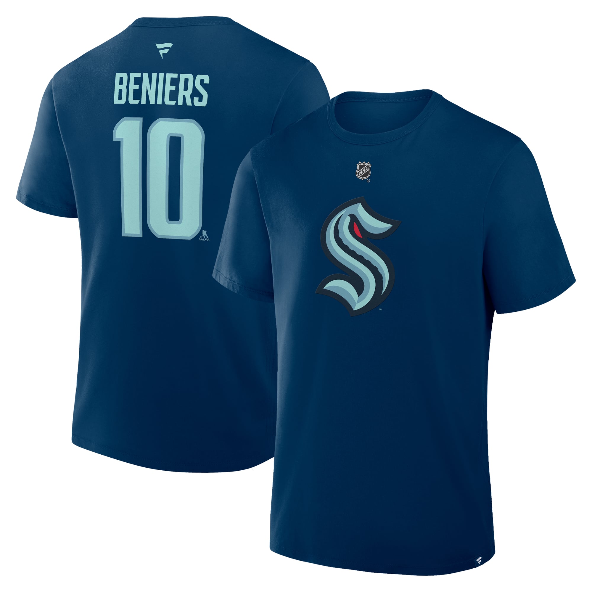 Men's Fanatics Matty Beniers Deep Sea Blue Seattle Kraken Authentic Stack Name & Number T-Shirt