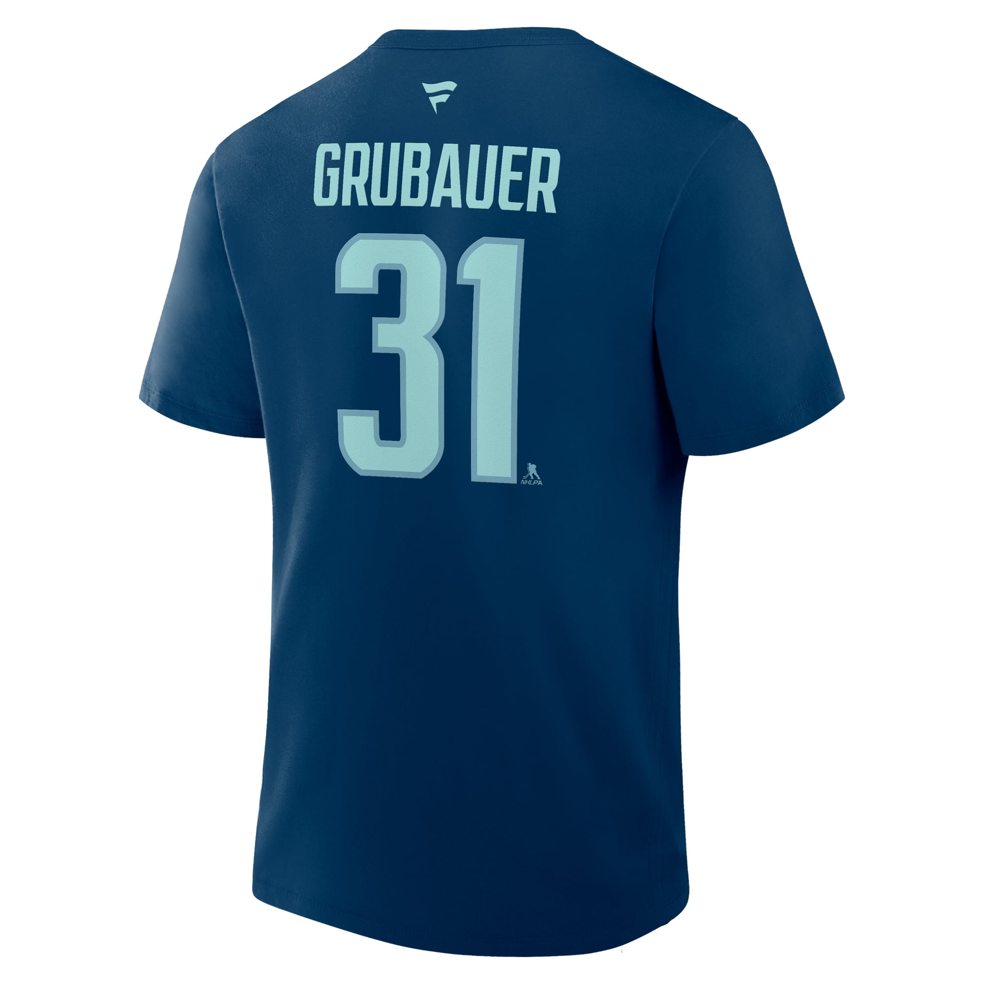 T-shirt authentique Fanatics Philipp Grubauer Deep Sea Blue Seattle Kraken avec nom et numéro
