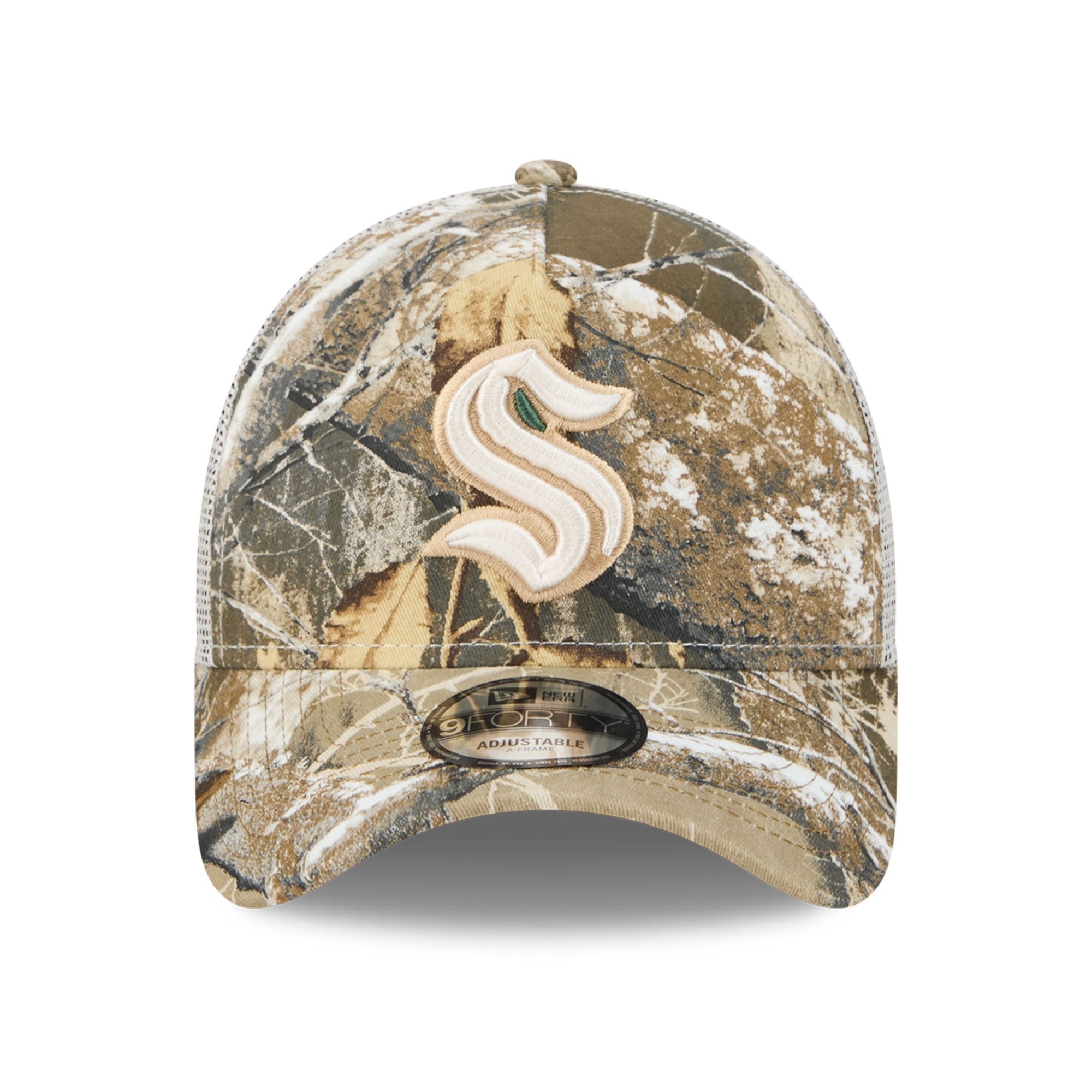 Casquette trucker ajustable New Era Camo Seattle Kraken Real Tree A-Frame 9FORTY pour homme