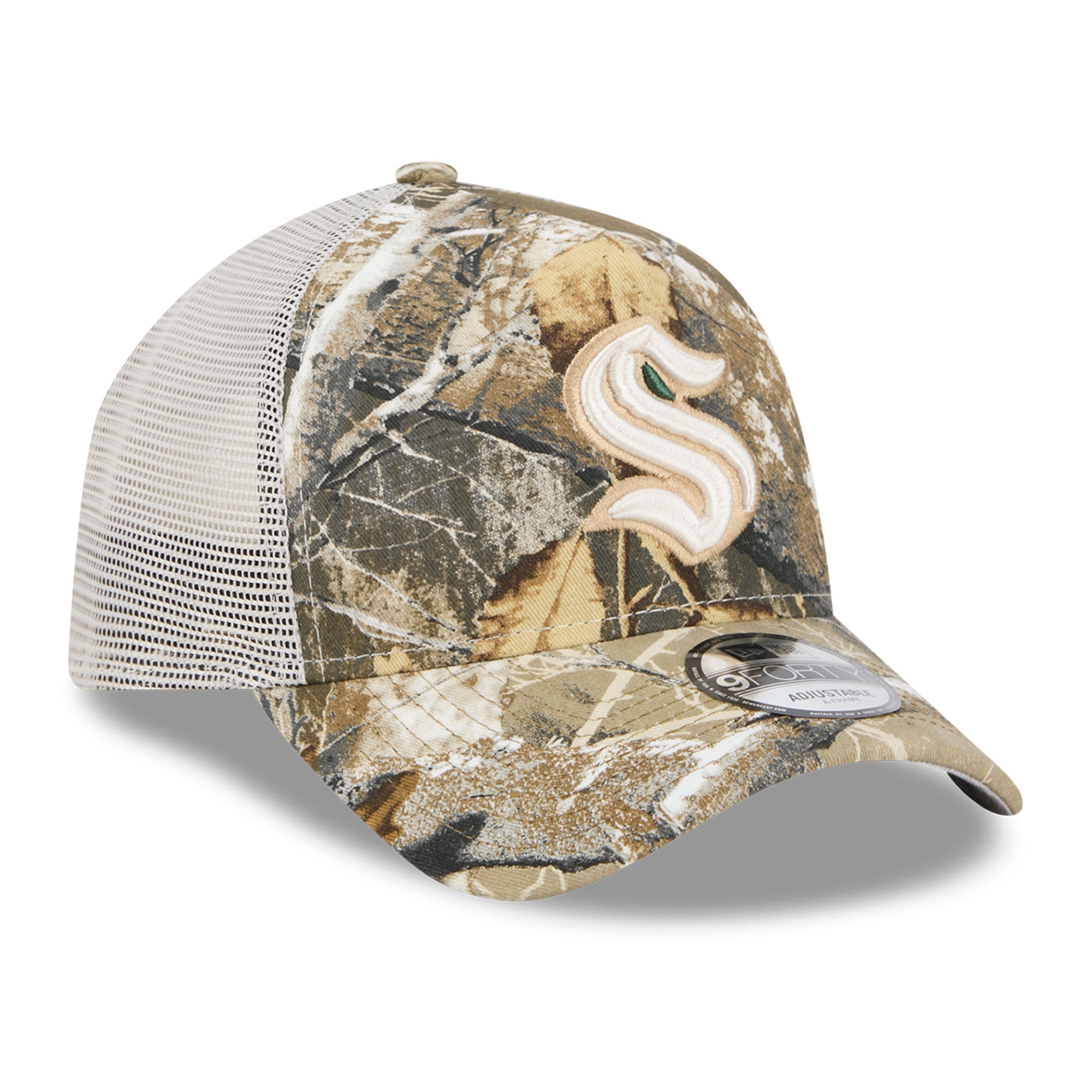 Casquette trucker ajustable New Era Camo Seattle Kraken Real Tree A-Frame 9FORTY pour homme