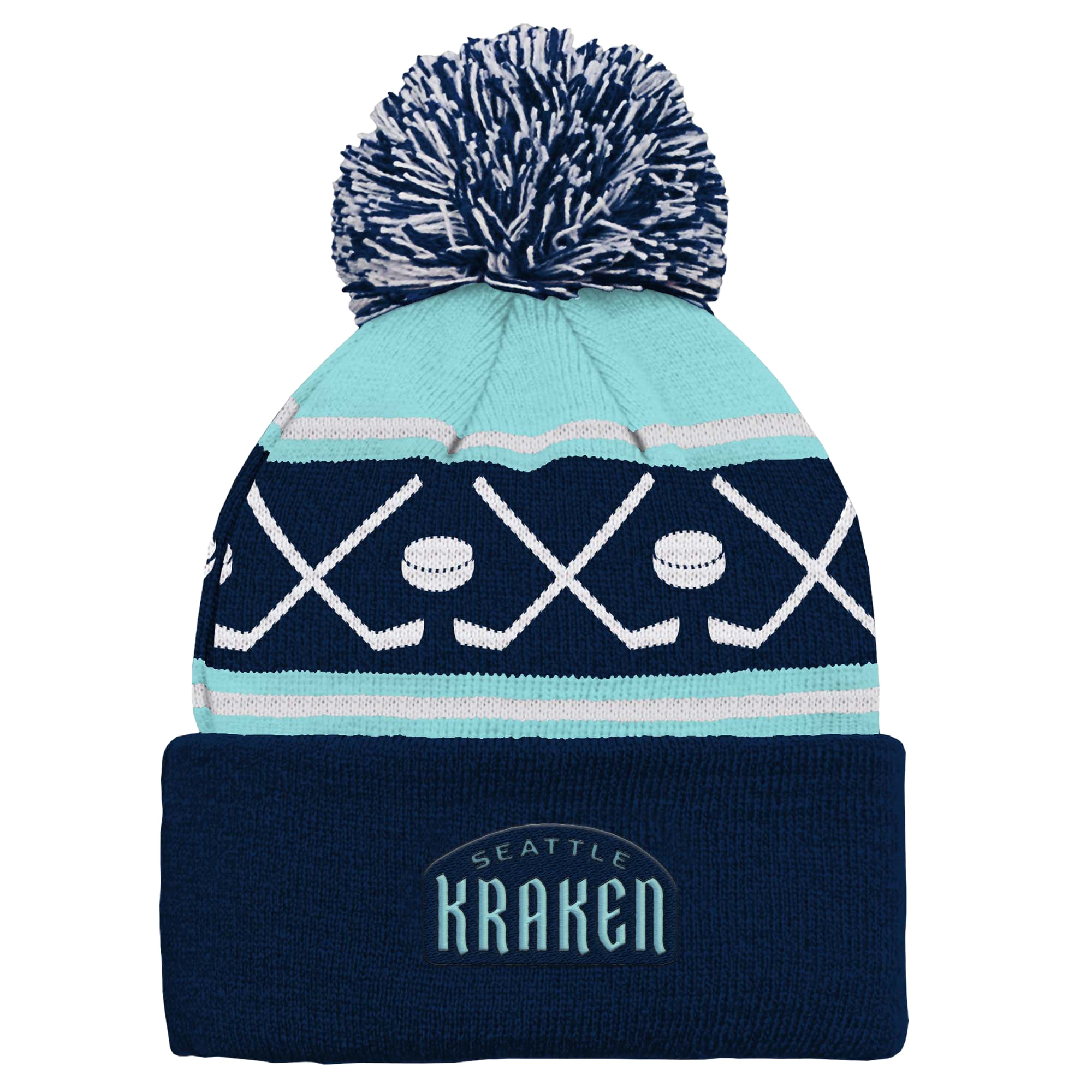 Bonnet en tricot à revers avec pompon Seattle Kraken Faceoff pour jeune bleu marine