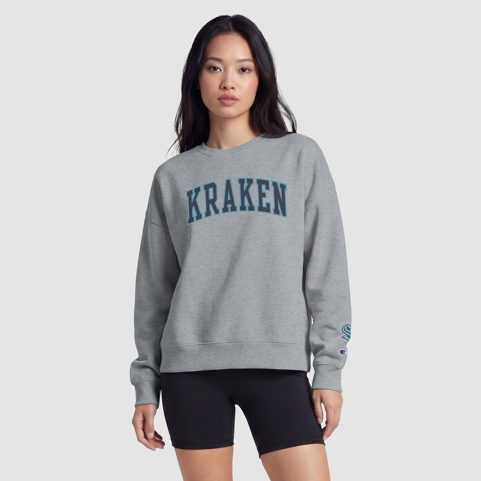 Women's Champion  Heather Gray Seattle Kraken Applique Crewneck Sweatshirt