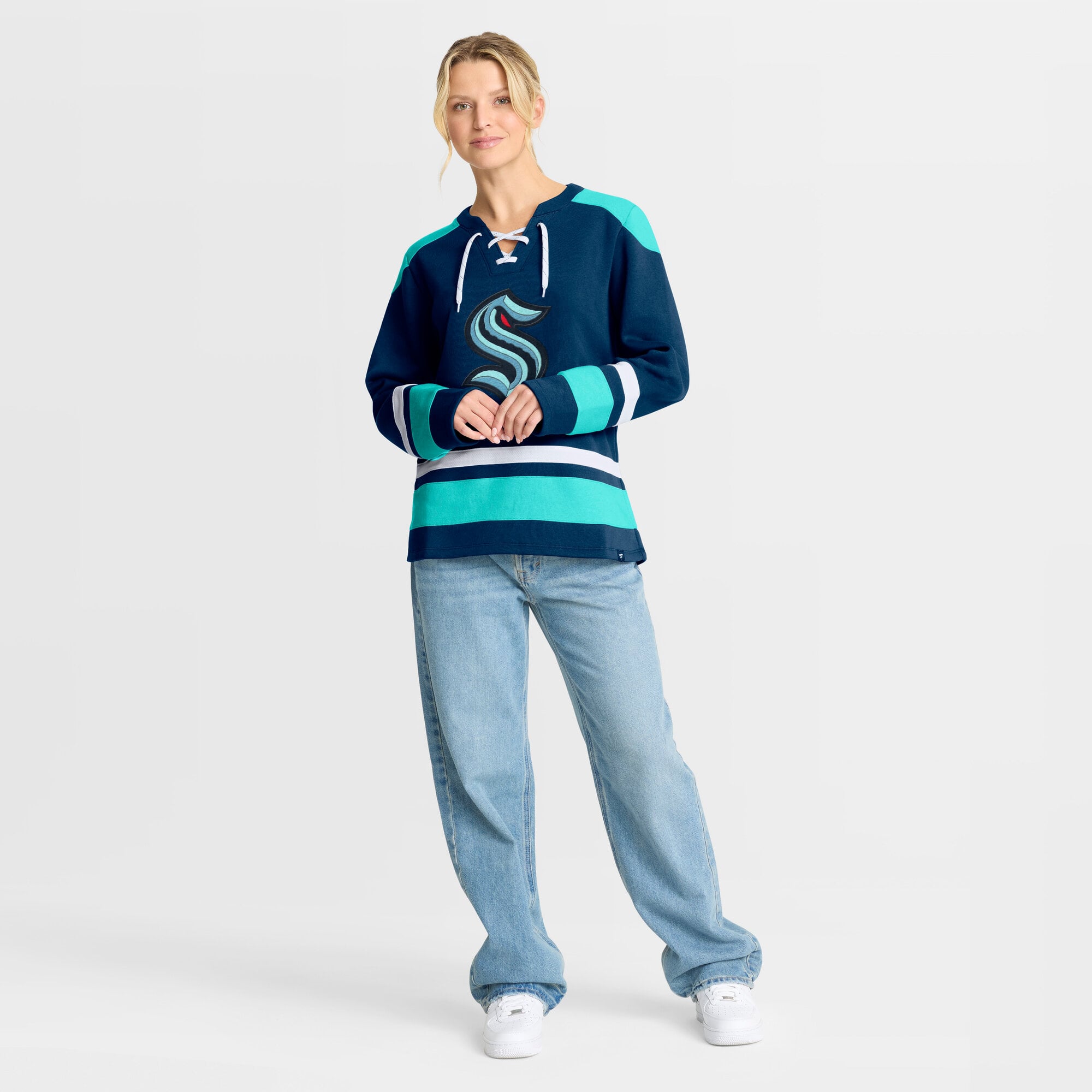 Sweat-shirt à lacets manches longues bleu marine pour femme Fanatics Seattle Kraken Icing