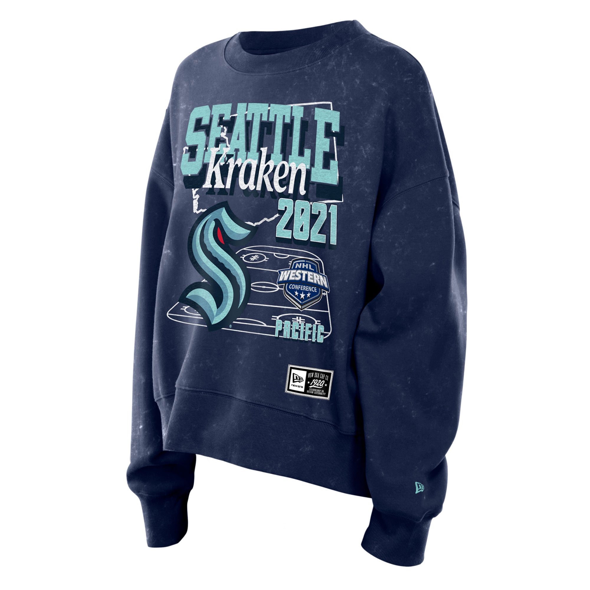 Sweat-shirt à col rond New Era Deep Sea Blue Seattle Kraken Throwback en molleton délavé minéral pour femme
